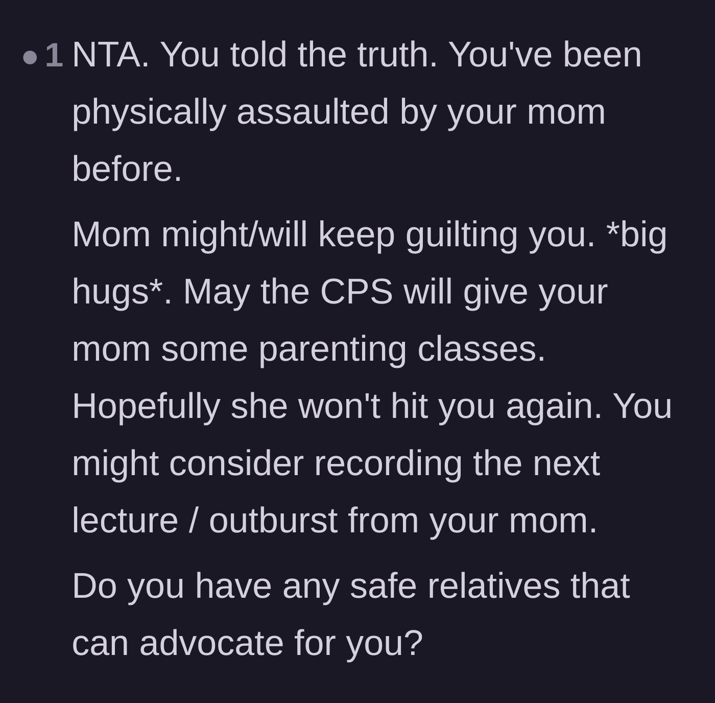 Comment thread 2 - A supportive comment validating the teenager's truth and suggesting she secretly record her mother's future outbursts.