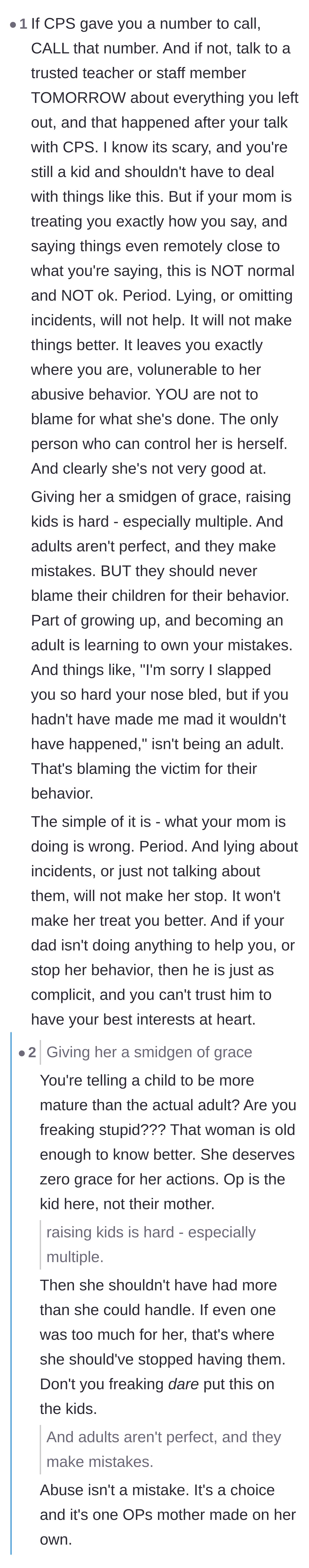 Comment thread 3 - A debate where a commenter suggests giving the mother grace, and replies fiercely shut them down for excusing child abuse.