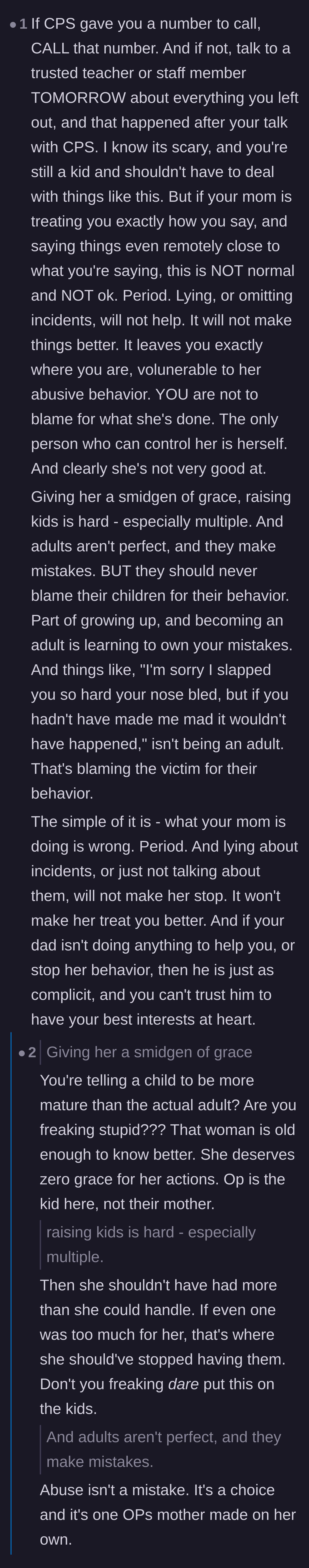 Comment thread 3 - A debate where a commenter suggests giving the mother grace, and replies fiercely shut them down for excusing child abuse.