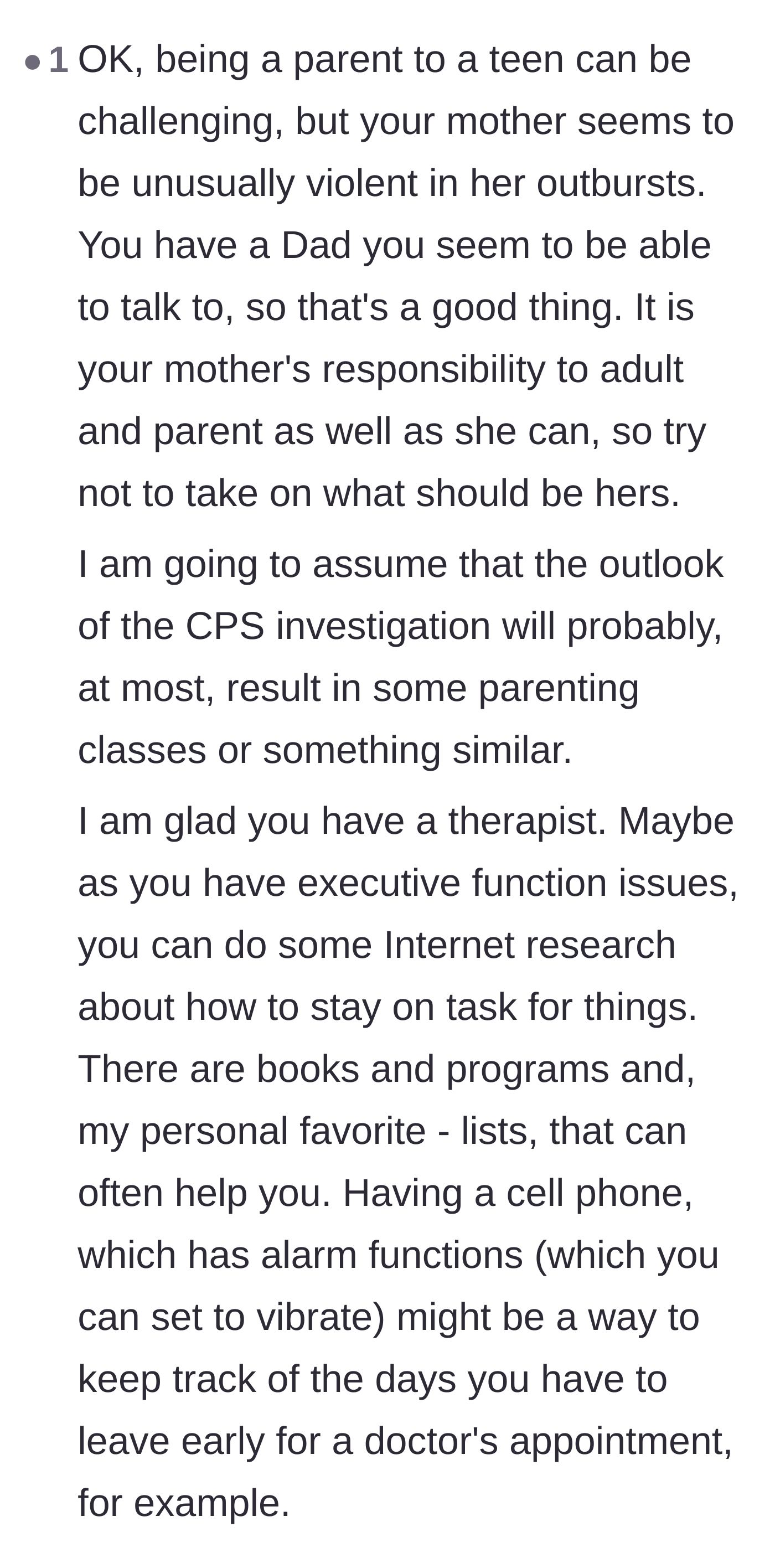Comment thread 4 - A sympathetic response advising the teen to let go of her mother's responsibilities and offering practical tips for managing her executive function.