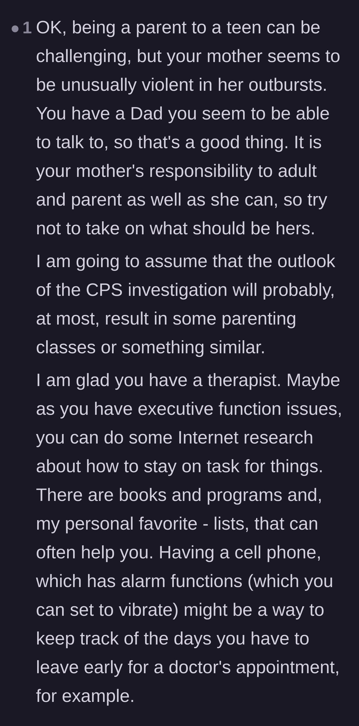 Comment thread 4 - A sympathetic response advising the teen to let go of her mother's responsibilities and offering practical tips for managing her executive function.