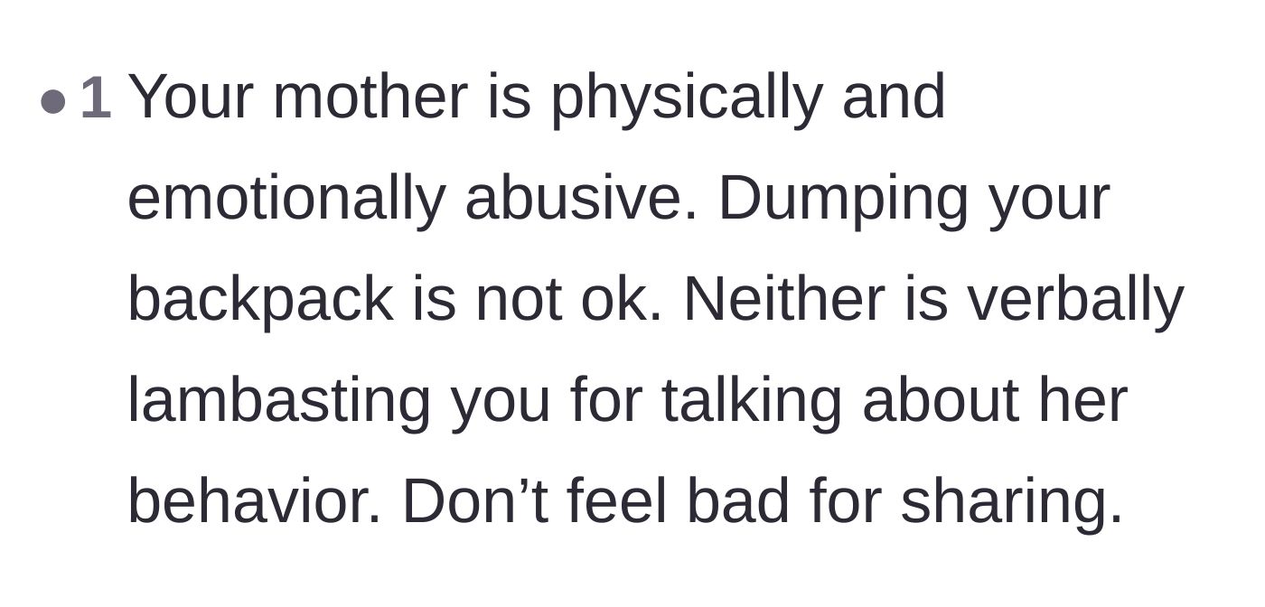 Comment thread 6 - A straightforward comment validating that the mother's actions, including dumping the backpack, are outright abuse.