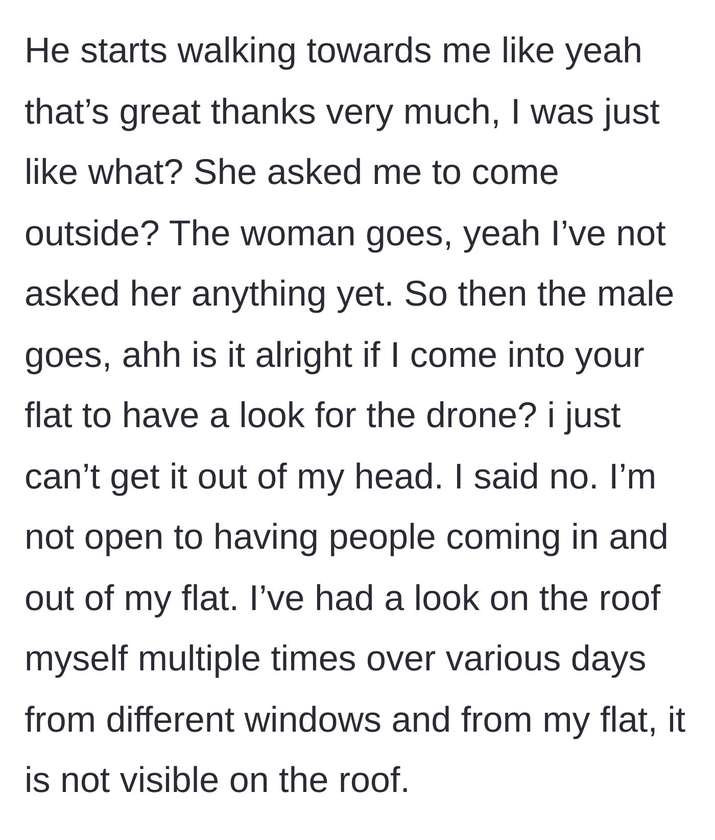 Story part 3 - The woman's boyfriend demands to search the flat himself; the main character firmly refuses.