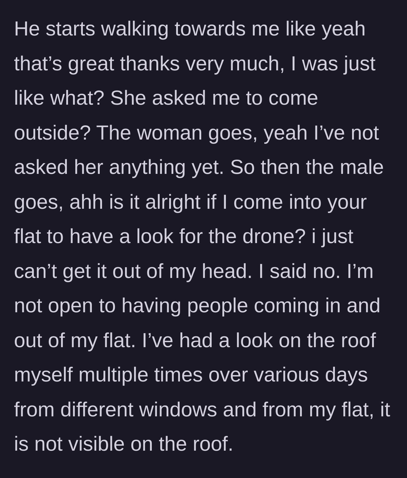 Story part 3 - The woman's boyfriend demands to search the flat himself; the main character firmly refuses.
