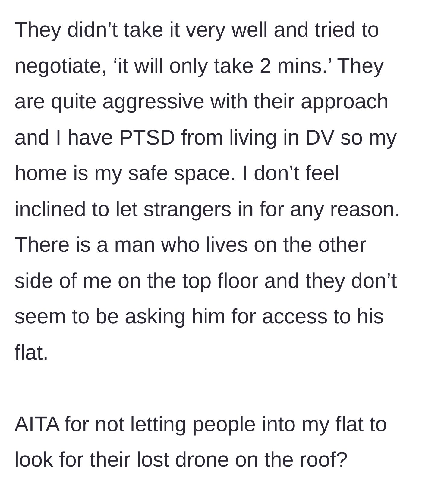 Story part 4 - The neighbors get pushy; the main character, a domestic violence survivor, notes they haven't bothered the male neighbor on her floor.