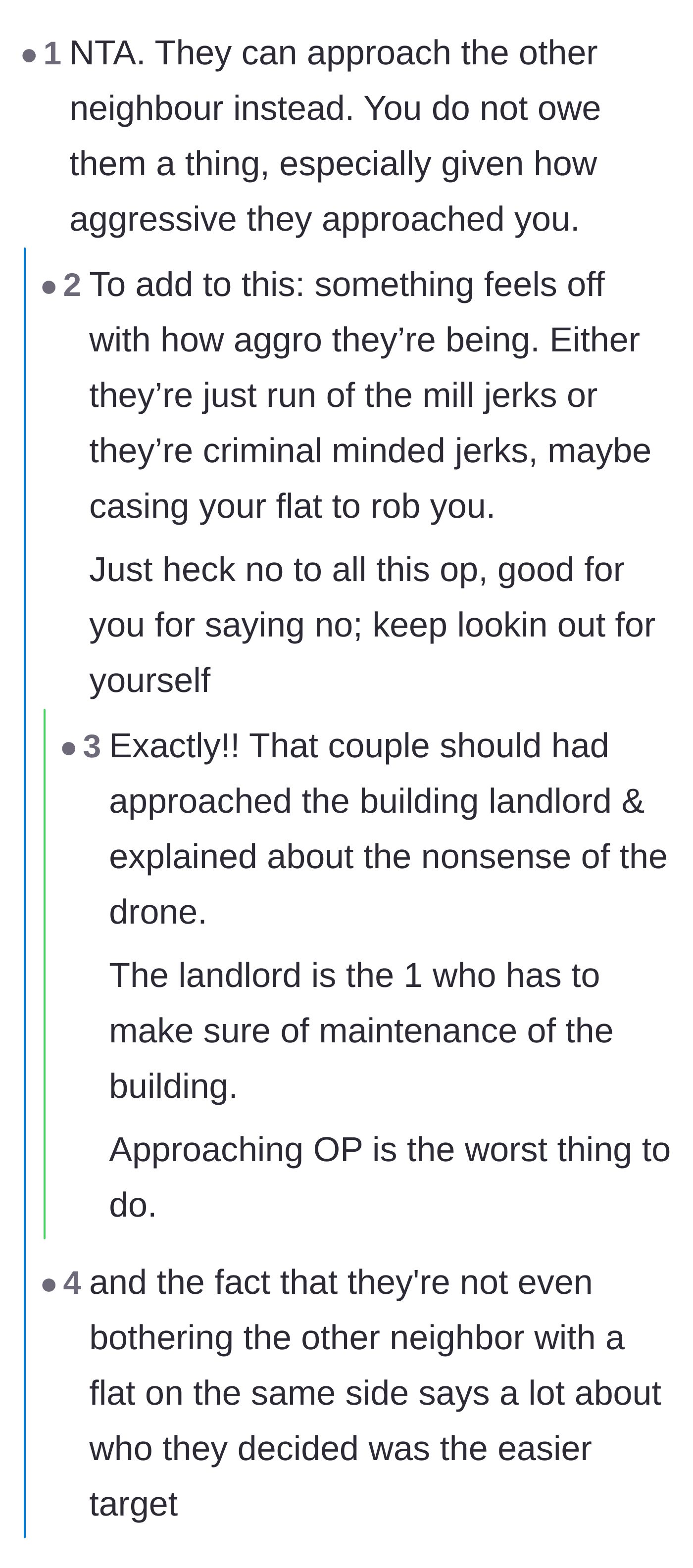 Comment thread 1 - Advice on how the neighbors should have contacted the landlord instead of targeting a female tenant.