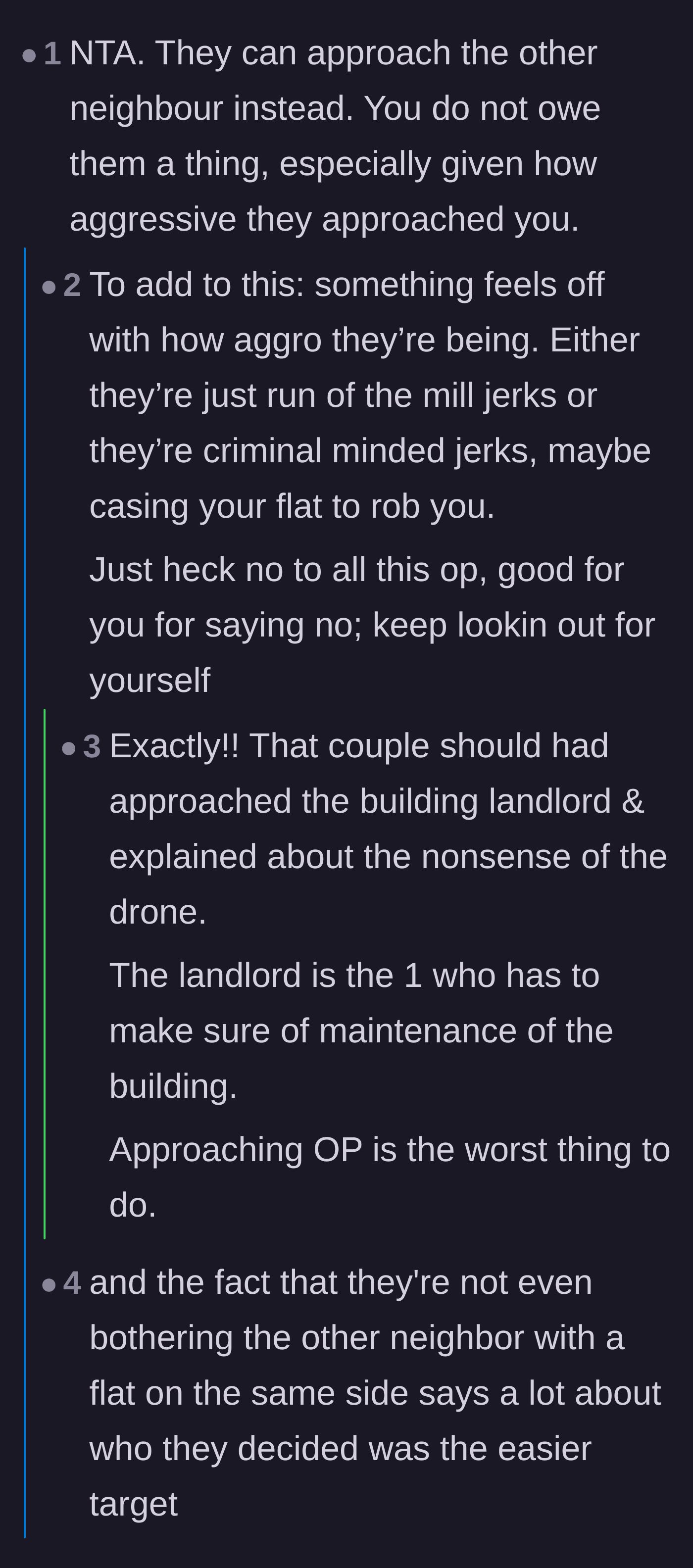 Comment thread 1 - Advice on how the neighbors should have contacted the landlord instead of targeting a female tenant.