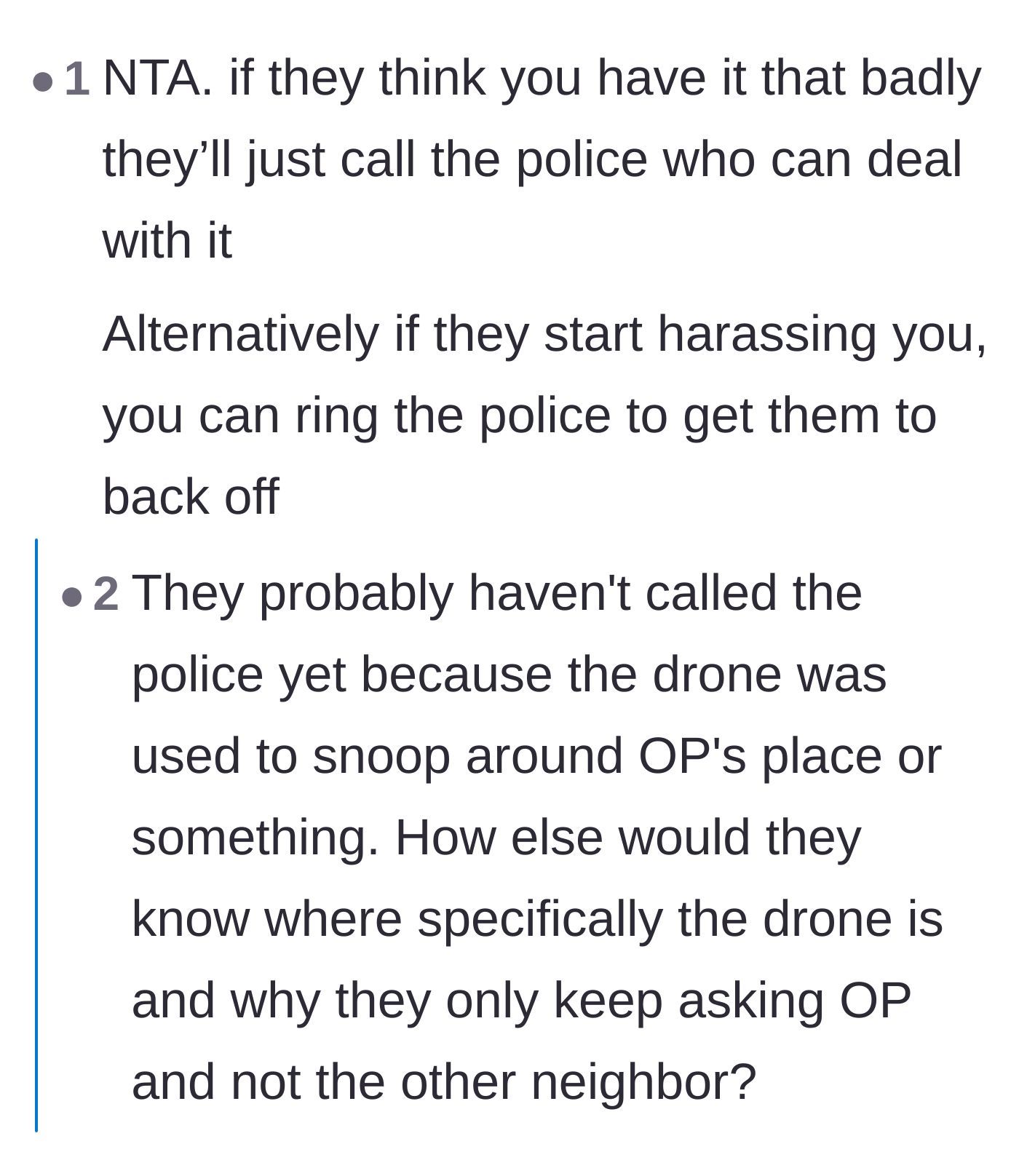 Comment thread 3 - Debate over calling the police and whether the missing drone was originally used for spying.