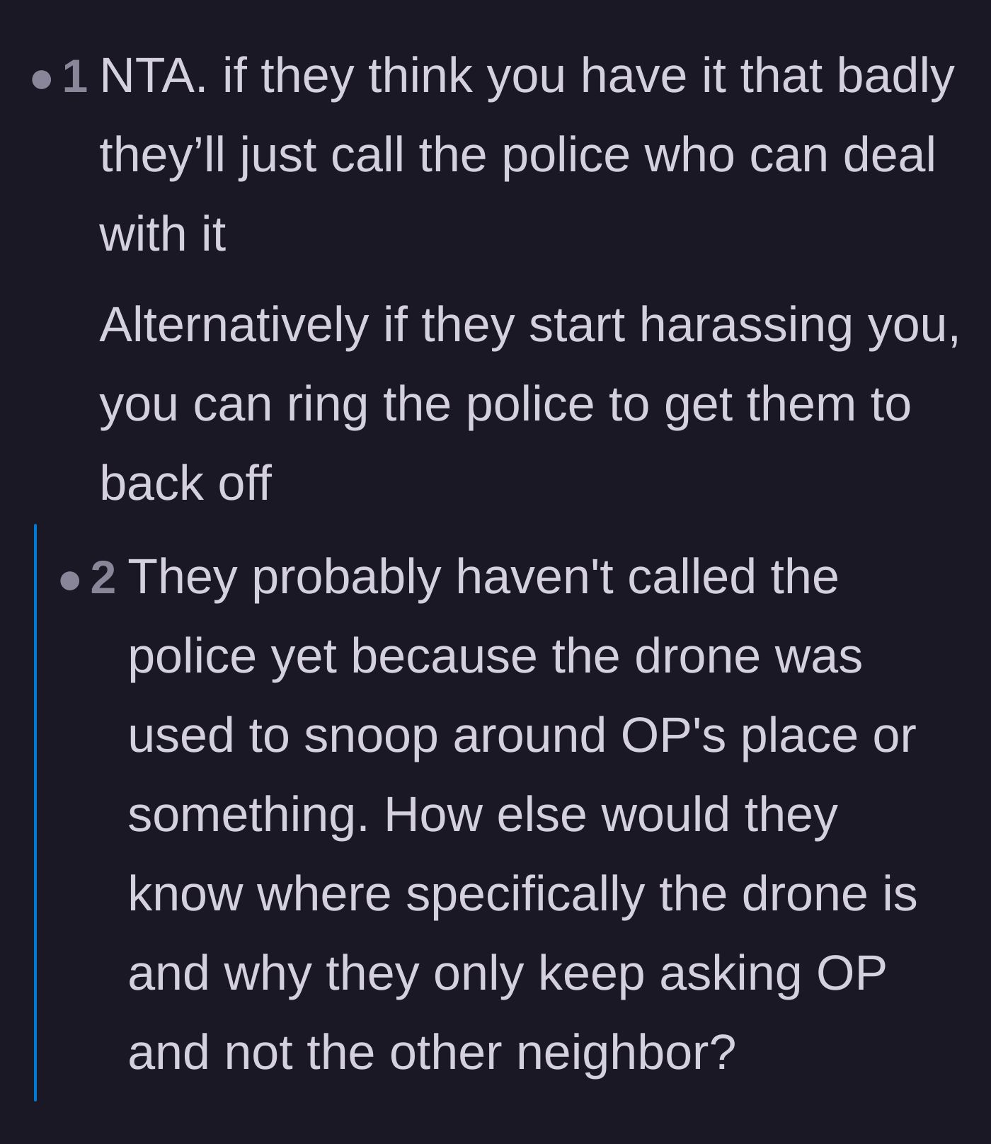 Comment thread 3 - Debate over calling the police and whether the missing drone was originally used for spying.