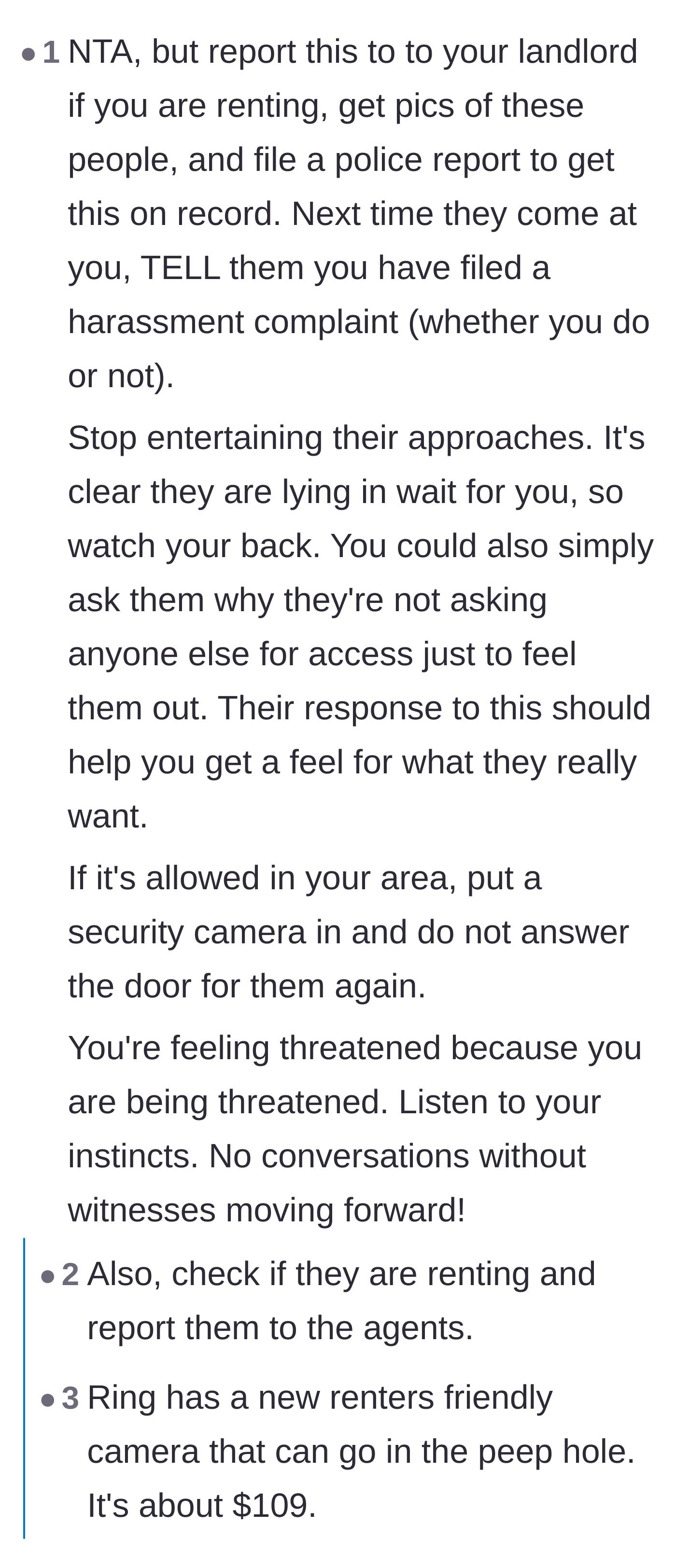 Comment thread 4 - Recommendations to file a harassment report, install a peephole camera, and establish a paper trail.