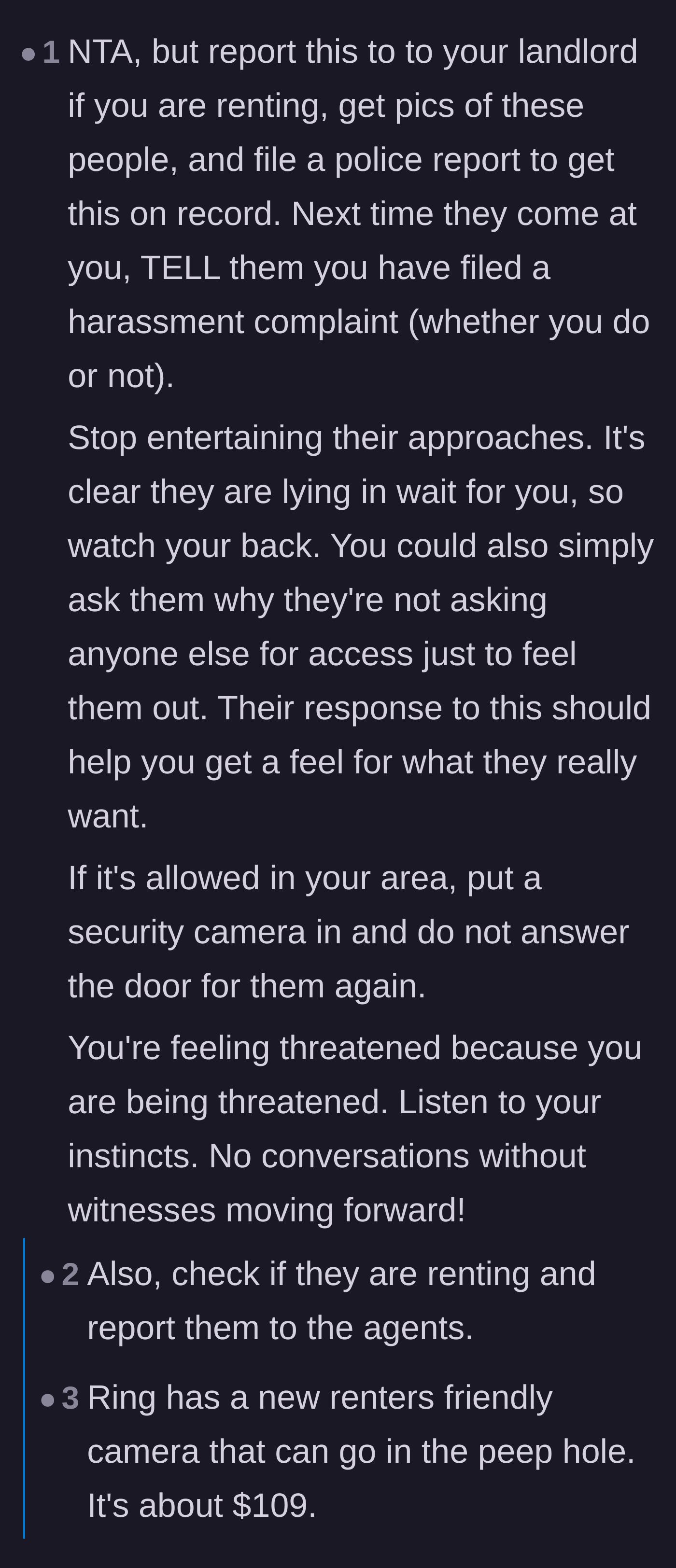 Comment thread 4 - Recommendations to file a harassment report, install a peephole camera, and establish a paper trail.
