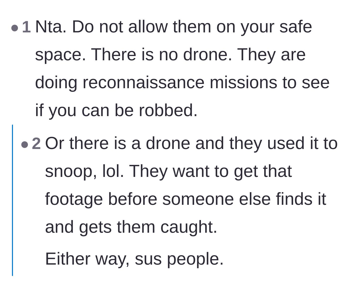 Comment thread 6 - Theories that the neighbors are either planning a robbery or desperately trying to retrieve incriminating surveillance footage.