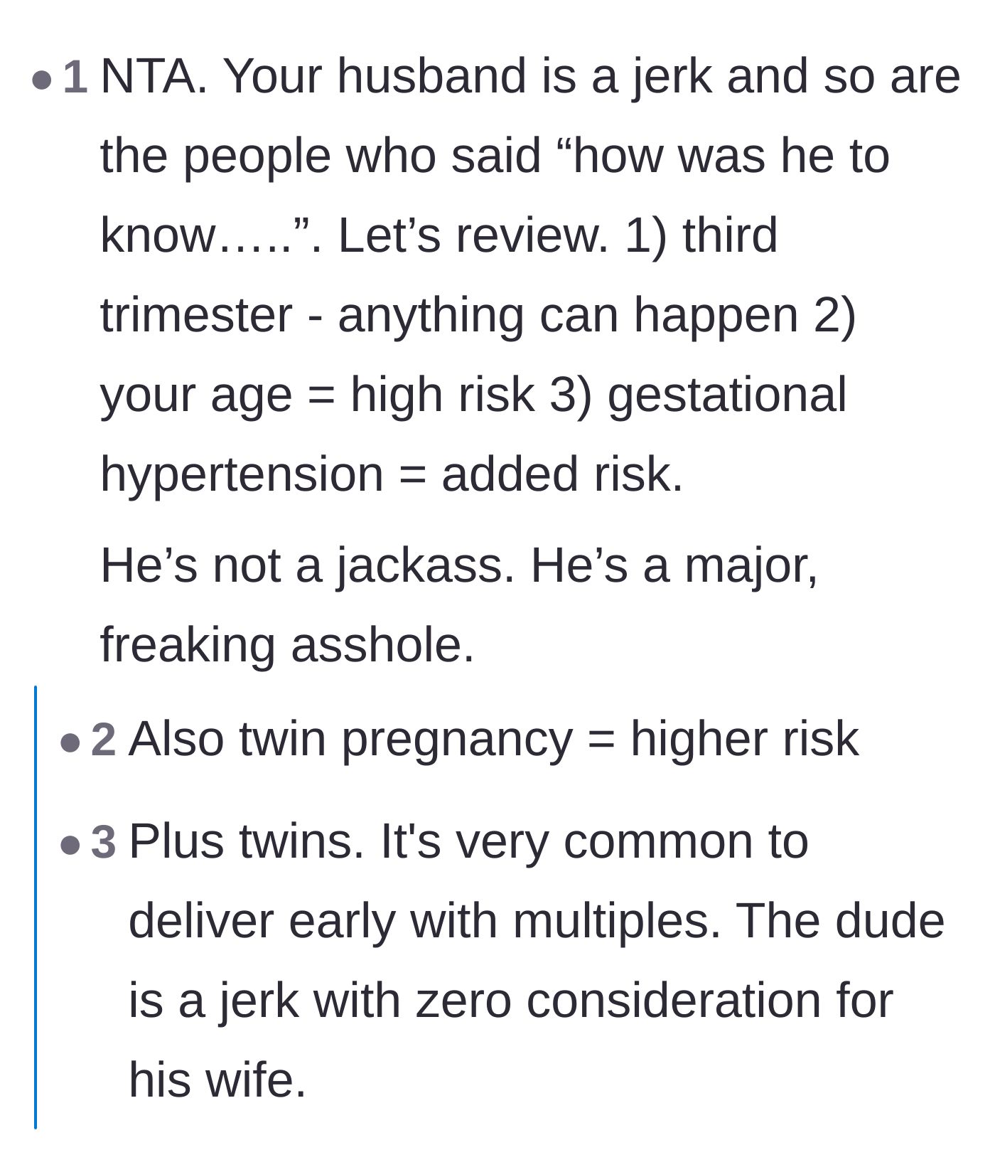 Comment thread 1 - Readers listing out the severe medical risks of a twin pregnancy and condemning the husband's decision.
