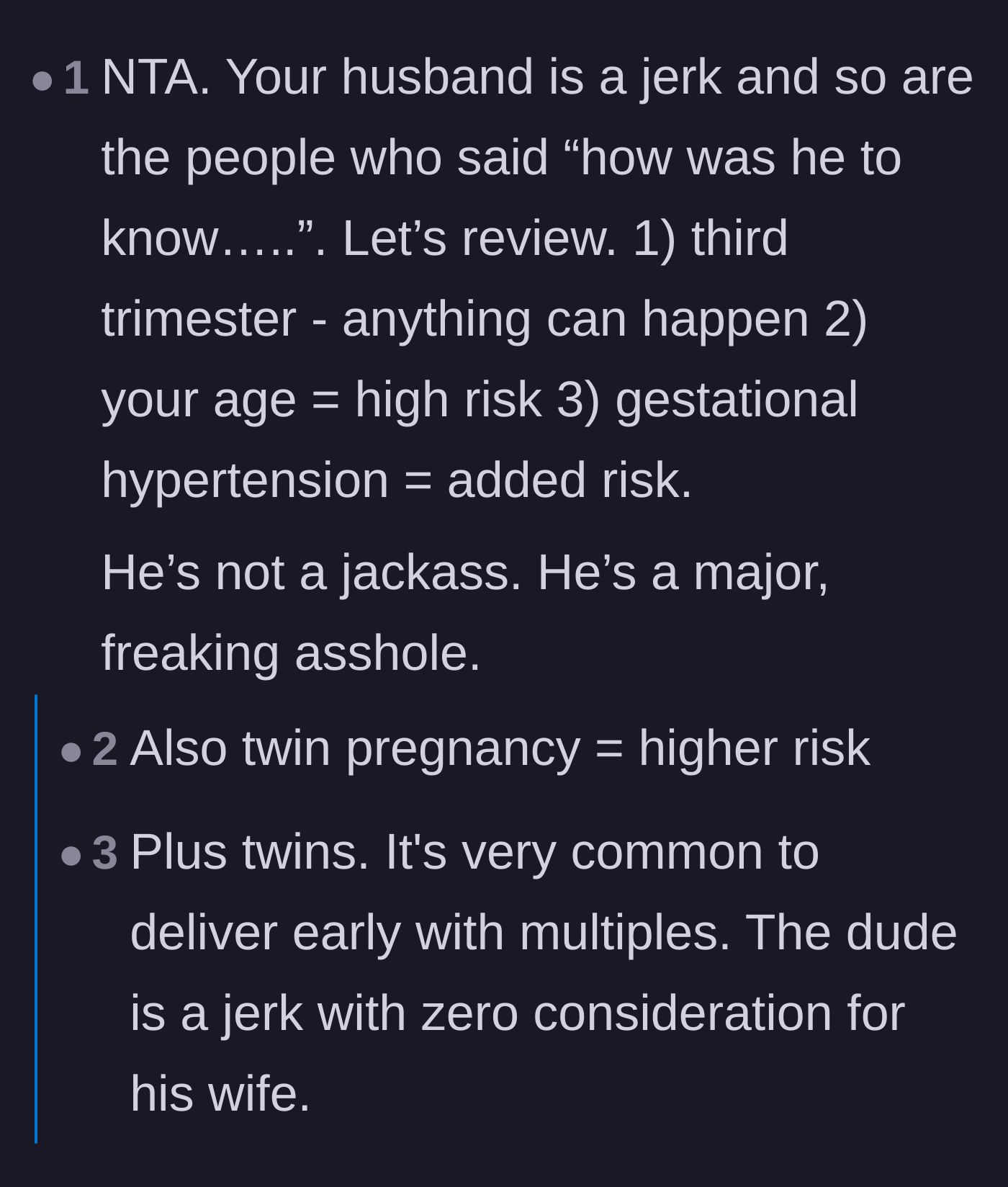 Comment thread 1 - Readers listing out the severe medical risks of a twin pregnancy and condemning the husband's decision.