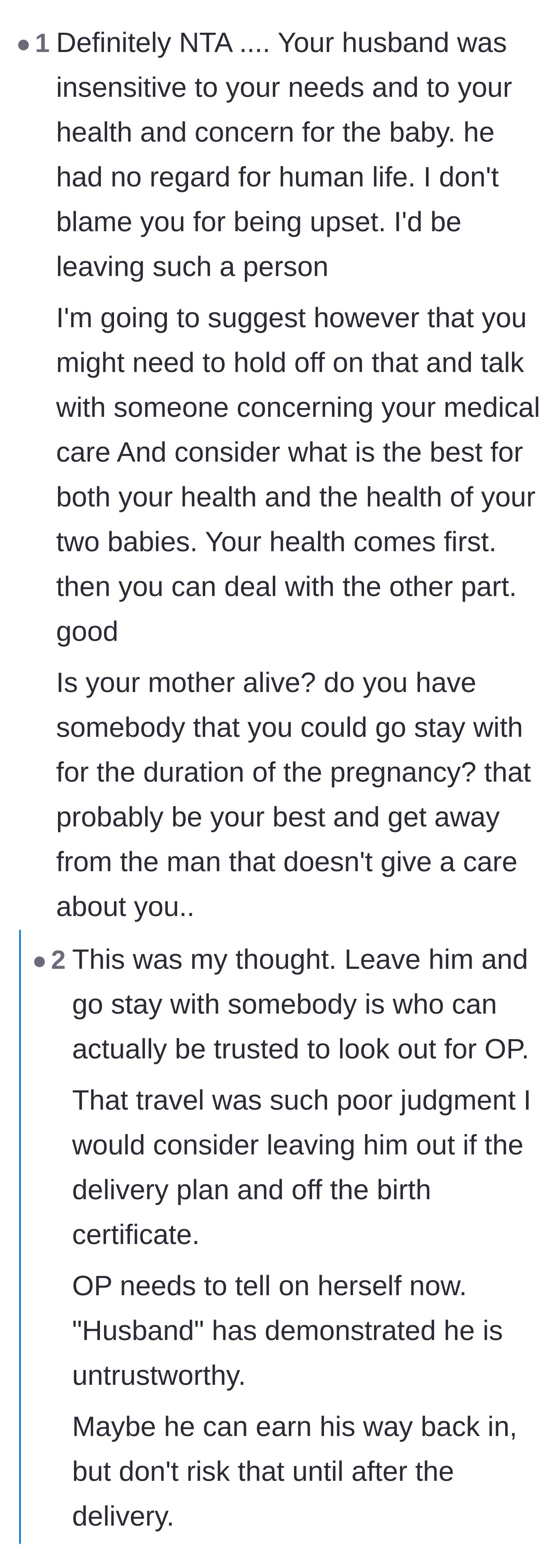 Comment thread 3 - Advice urging the pregnant mother to prioritize her immediate medical safety and seek shelter with trusted family.