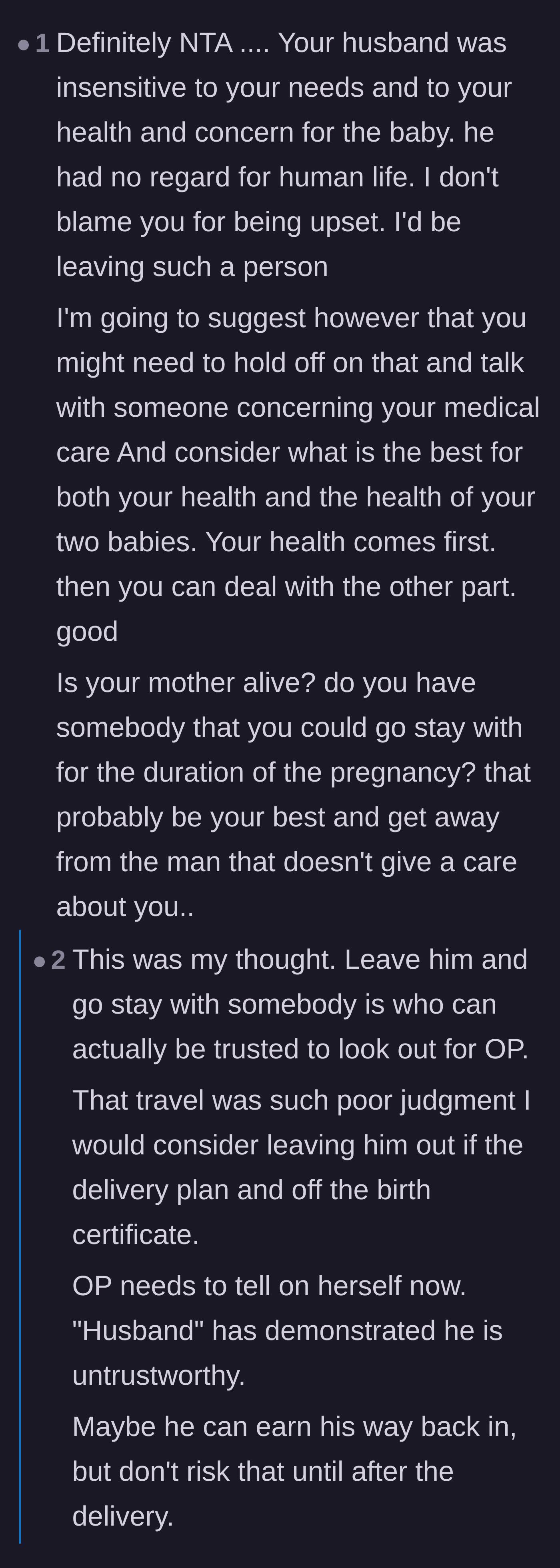 Comment thread 3 - Advice urging the pregnant mother to prioritize her immediate medical safety and seek shelter with trusted family.