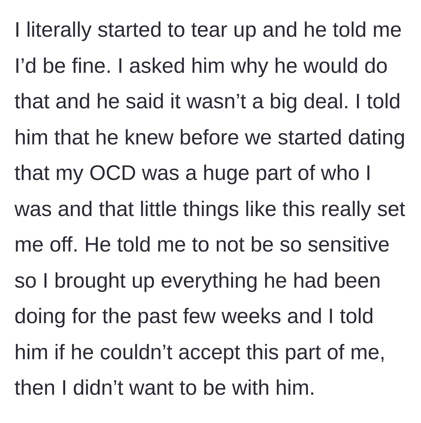Story part 5 - Confronting her partner in tears, the woman sets a firm boundary, stating she will leave if he cannot accept her mental health struggles.