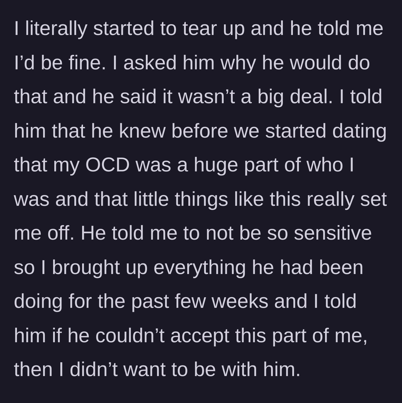 Story part 5 - Confronting her partner in tears, the woman sets a firm boundary, stating she will leave if he cannot accept her mental health struggles.