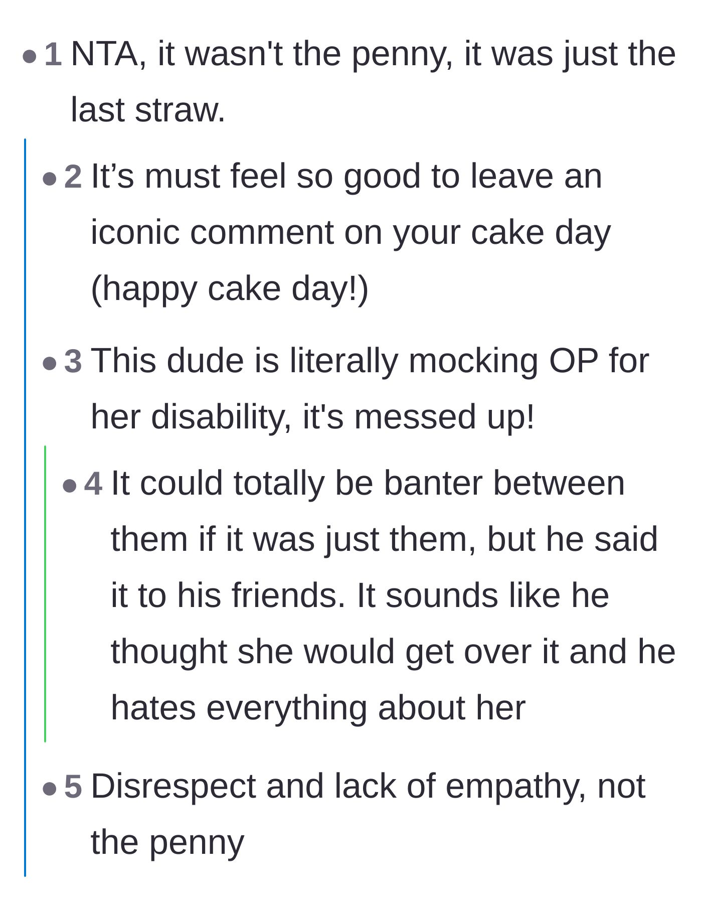 Comment thread 2 - A discussion pointing out that the penny was merely the breaking point in a pattern of disrespect and ableism.
