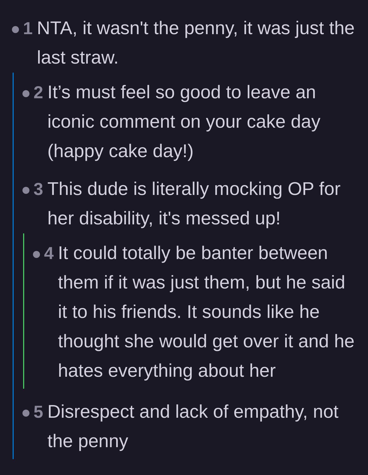 Comment thread 2 - A discussion pointing out that the penny was merely the breaking point in a pattern of disrespect and ableism.