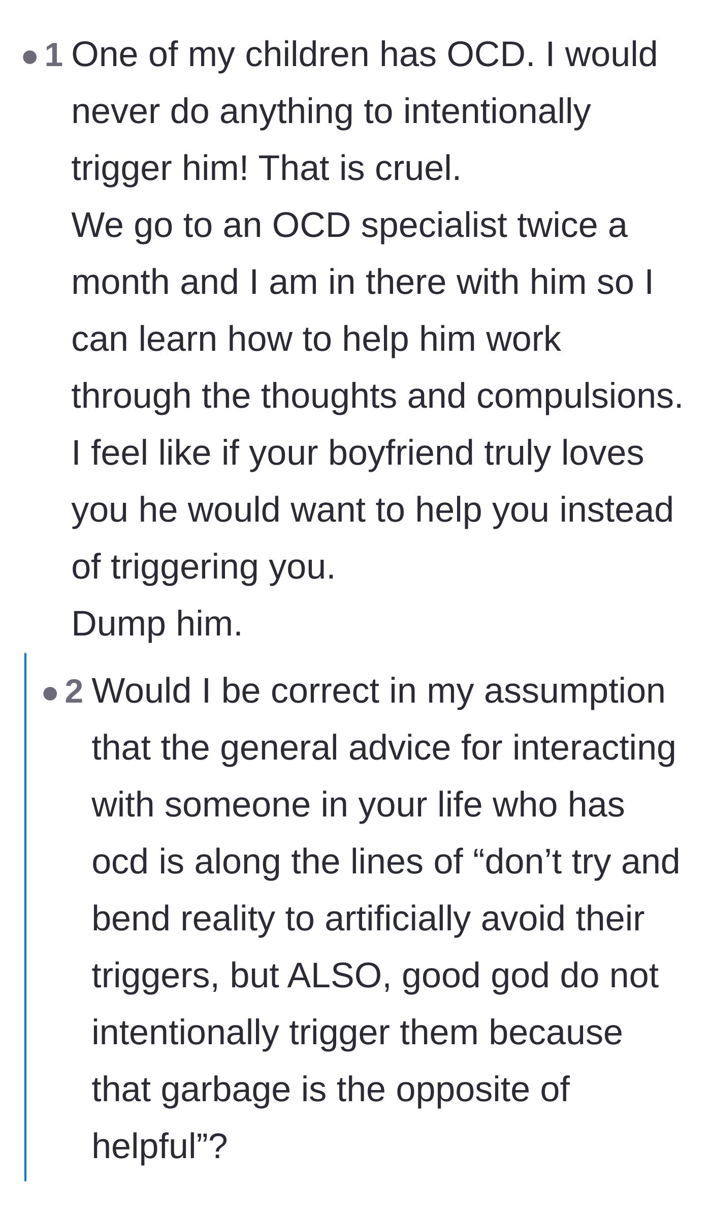 Comment thread 4 - A parent of a child with OCD shares their perspective on how a loving partner should support, rather than intentionally trigger, their loved one.