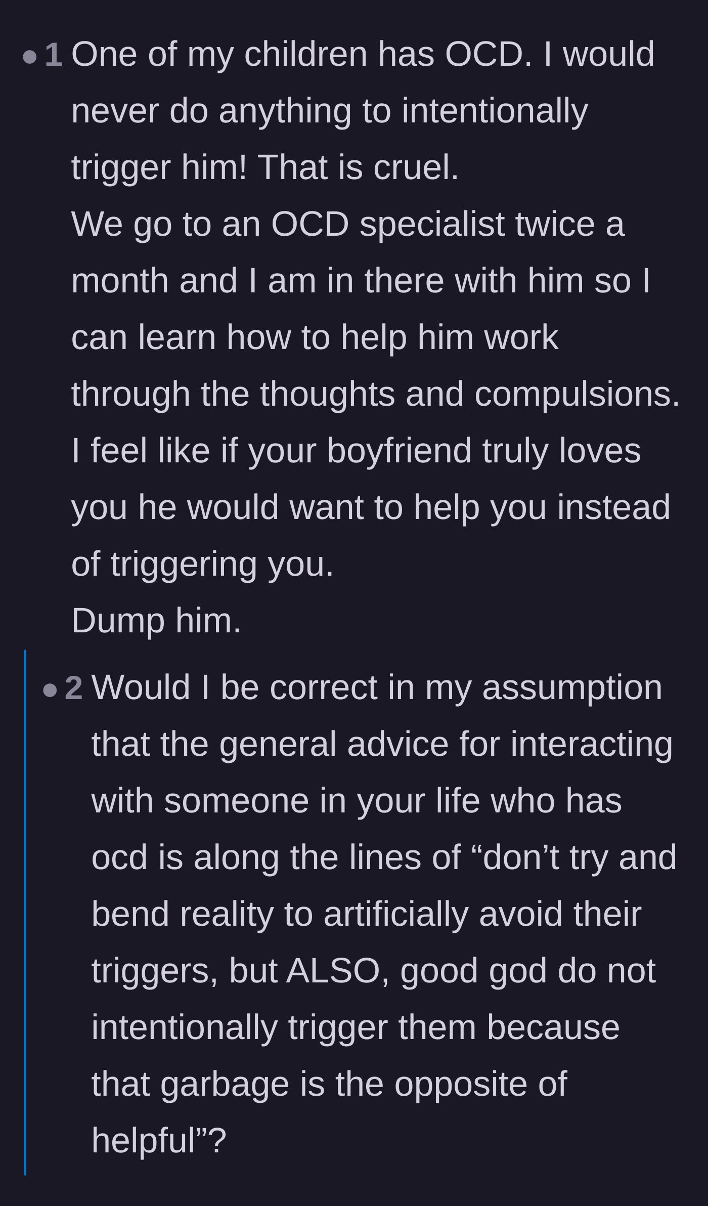 Comment thread 4 - A parent of a child with OCD shares their perspective on how a loving partner should support, rather than intentionally trigger, their loved one.