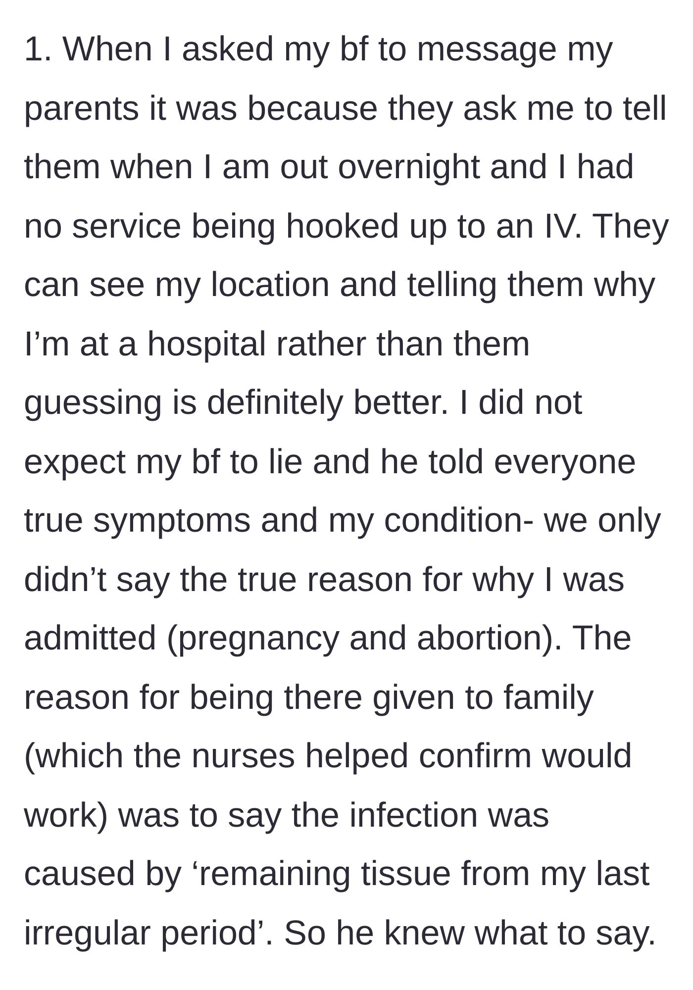 Story part 5 - She clarifies that she needed her parents to know she was hospitalized due to location tracking, and had even agreed on a safe, nurse-approved cover story with her boyfriend.
