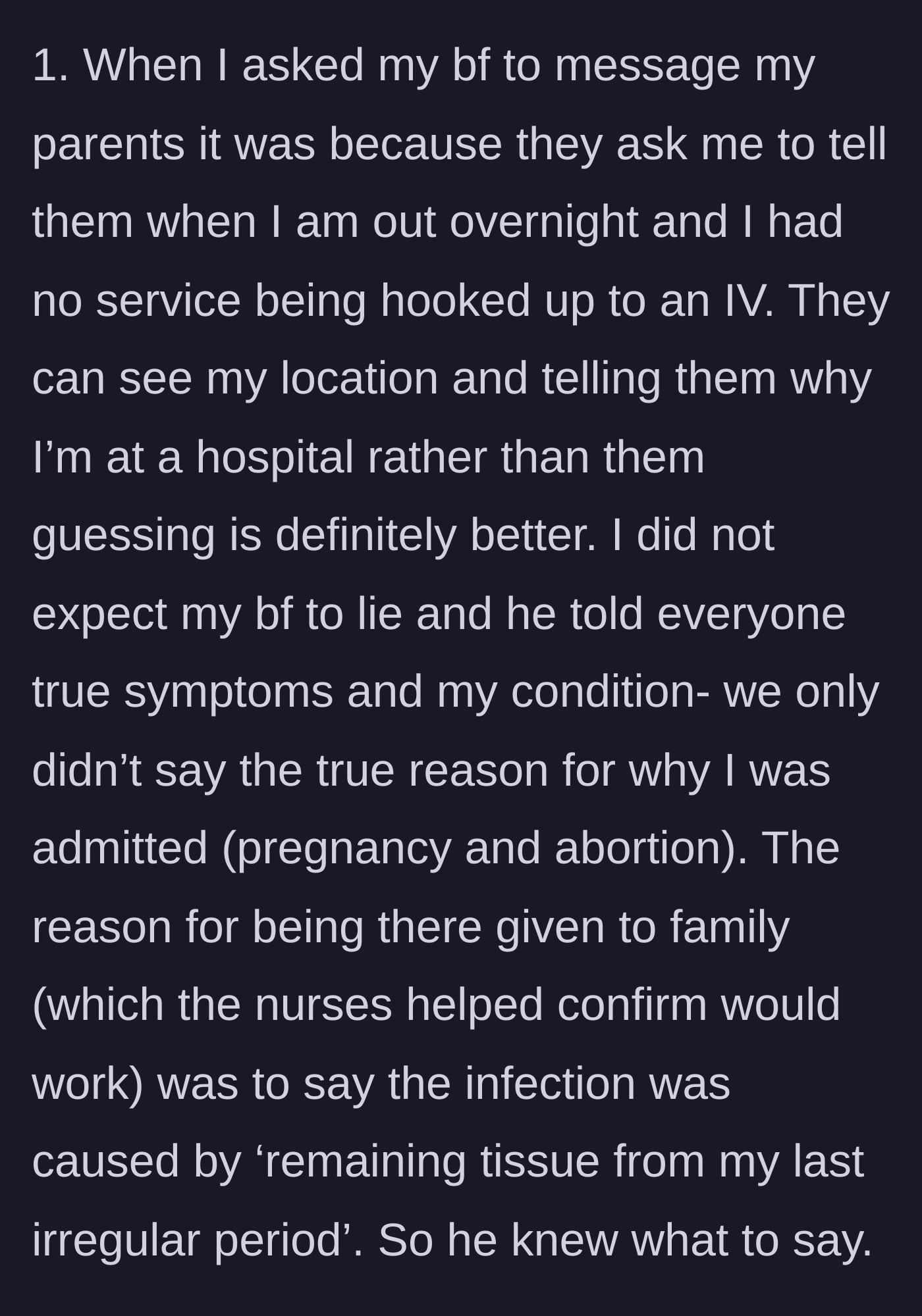 Story part 5 - She clarifies that she needed her parents to know she was hospitalized due to location tracking, and had even agreed on a safe, nurse-approved cover story with her boyfriend.