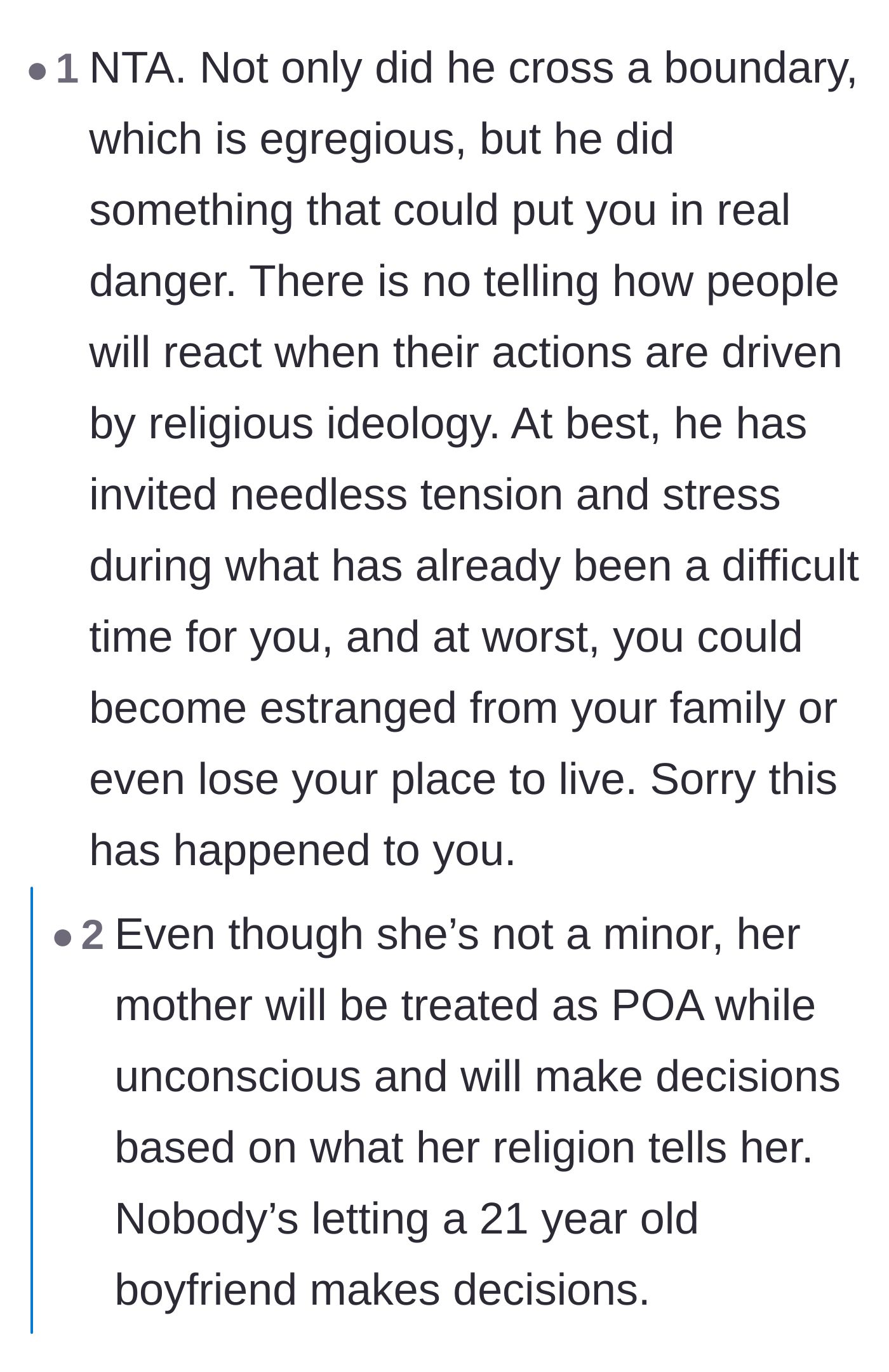 Comment thread 2 - Discussion on the severe real-world dangers of outing someone to deeply religious parents.
