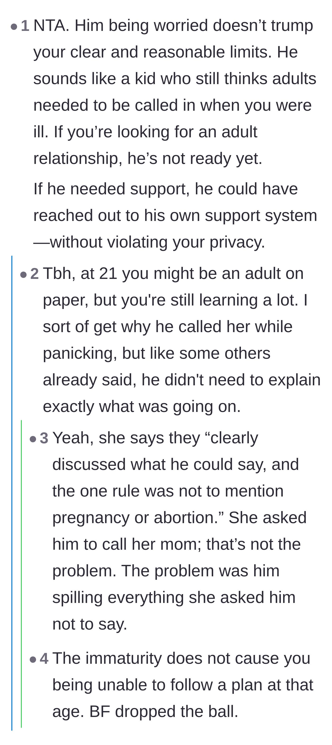 Comment thread 3 - Readers pointing out the boyfriend's immaturity and inability to handle a medical crisis like an adult.