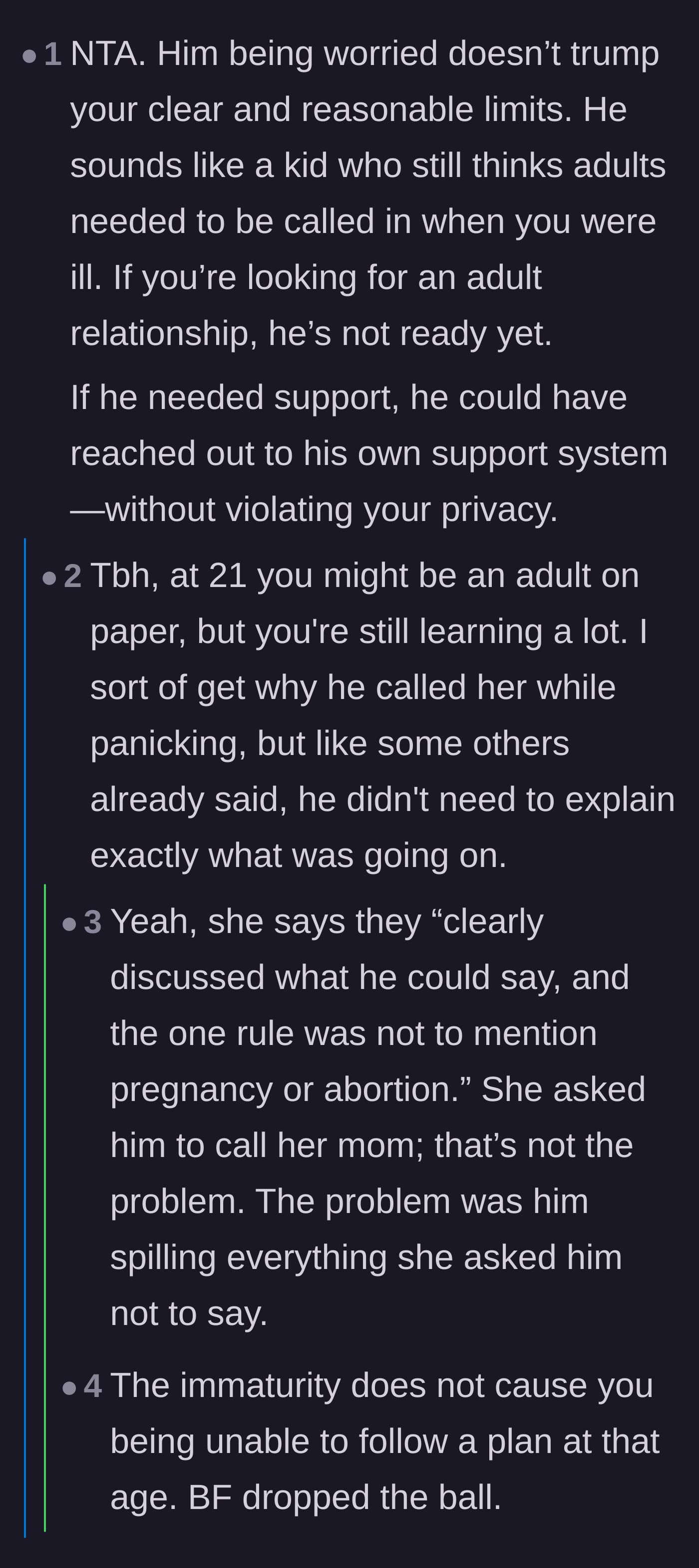 Comment thread 3 - Readers pointing out the boyfriend's immaturity and inability to handle a medical crisis like an adult.