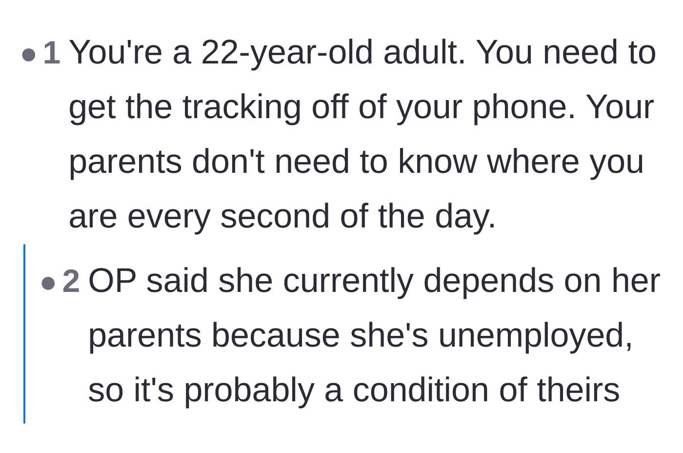 Comment thread 4 - A harsh truth about location tracking and the painful reality of financial dependence on parents.