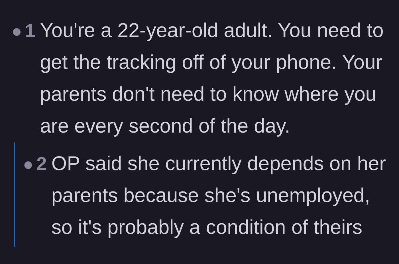 Comment thread 4 - A harsh truth about location tracking and the painful reality of financial dependence on parents.