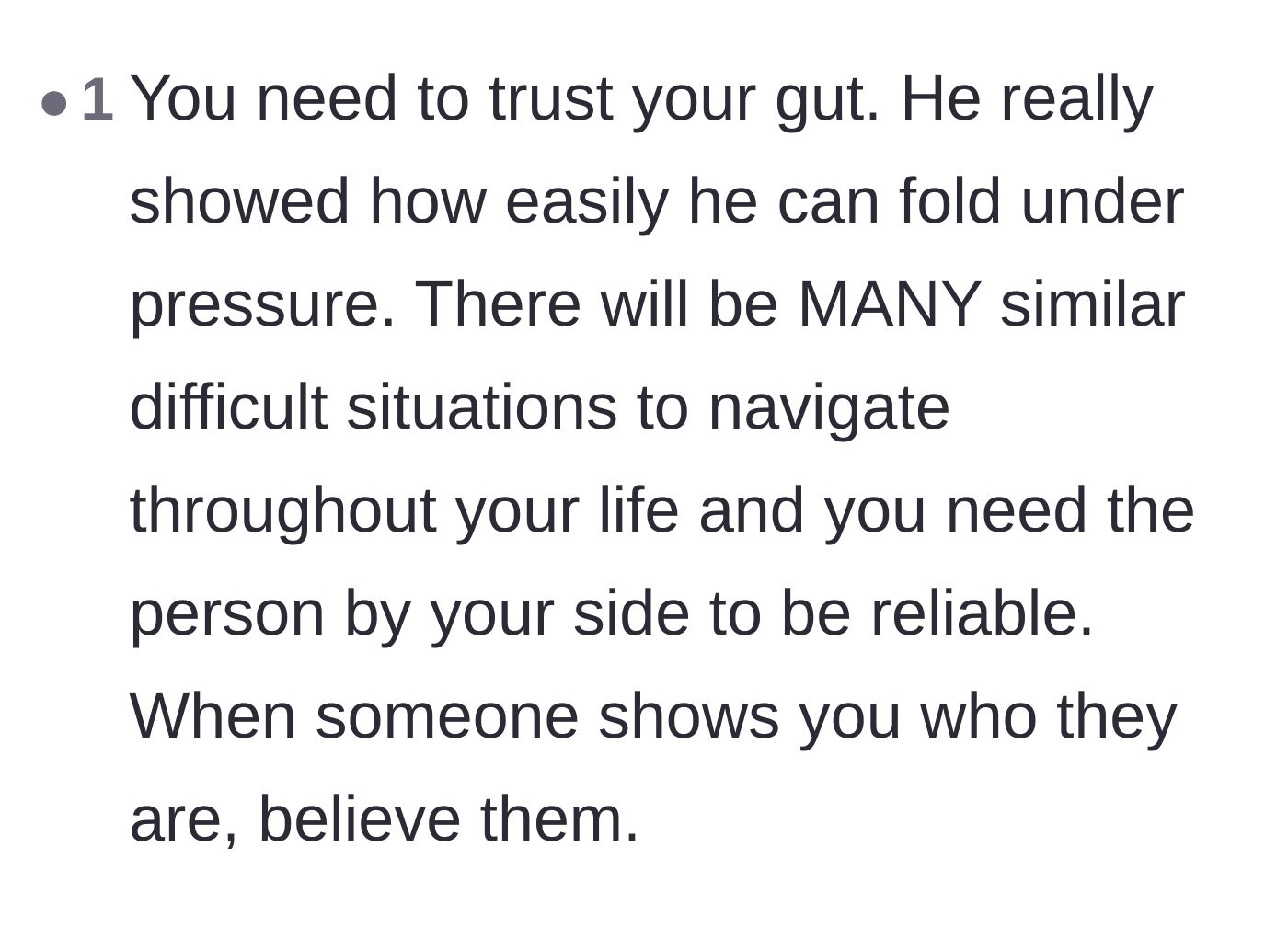 Comment thread 5 - Advice to trust her instincts and believe her boyfriend's inability to handle pressure.