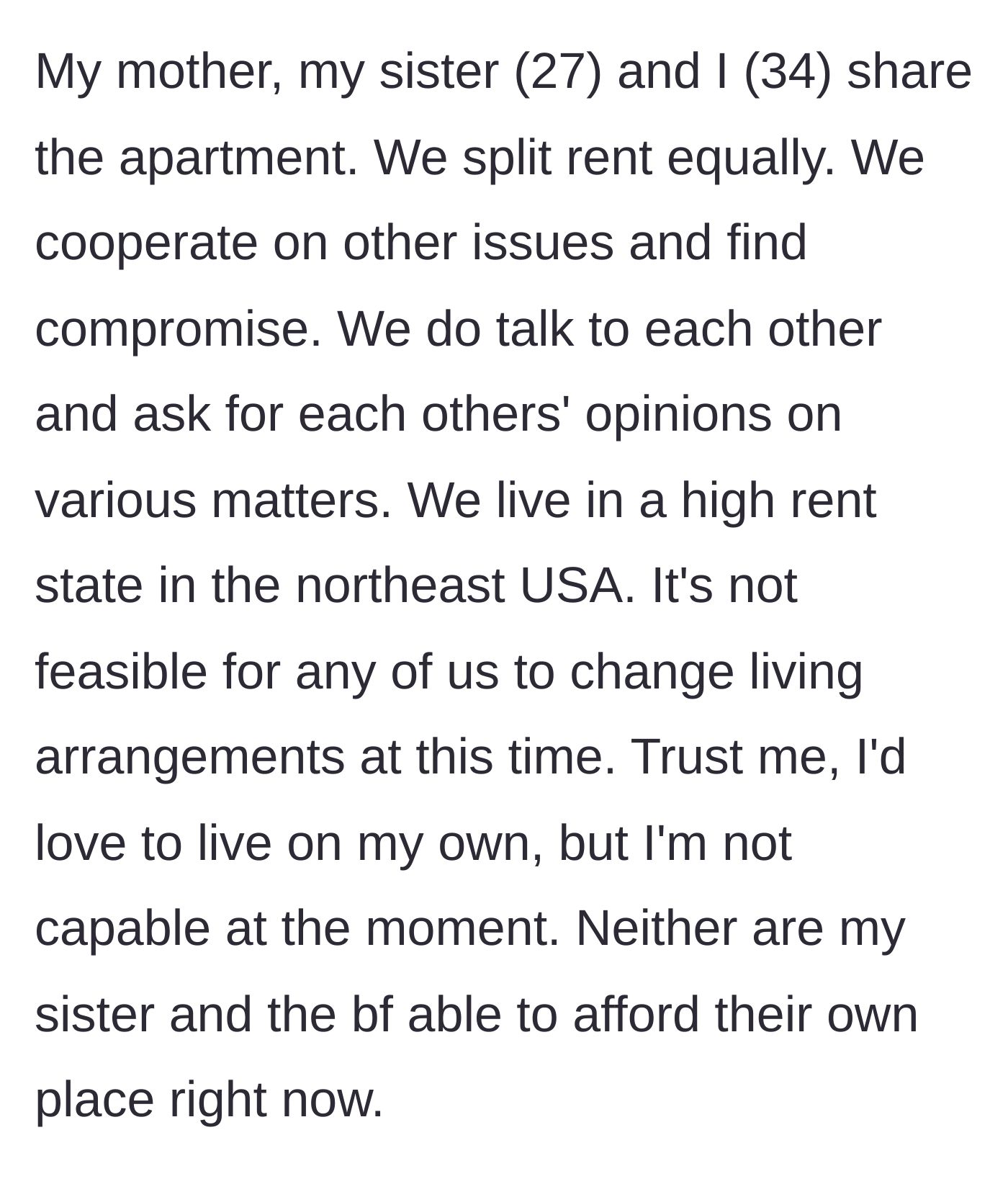 Story part 5 - The financial reality is explained, highlighting that moving out isn't an option for anyone due to high rent.