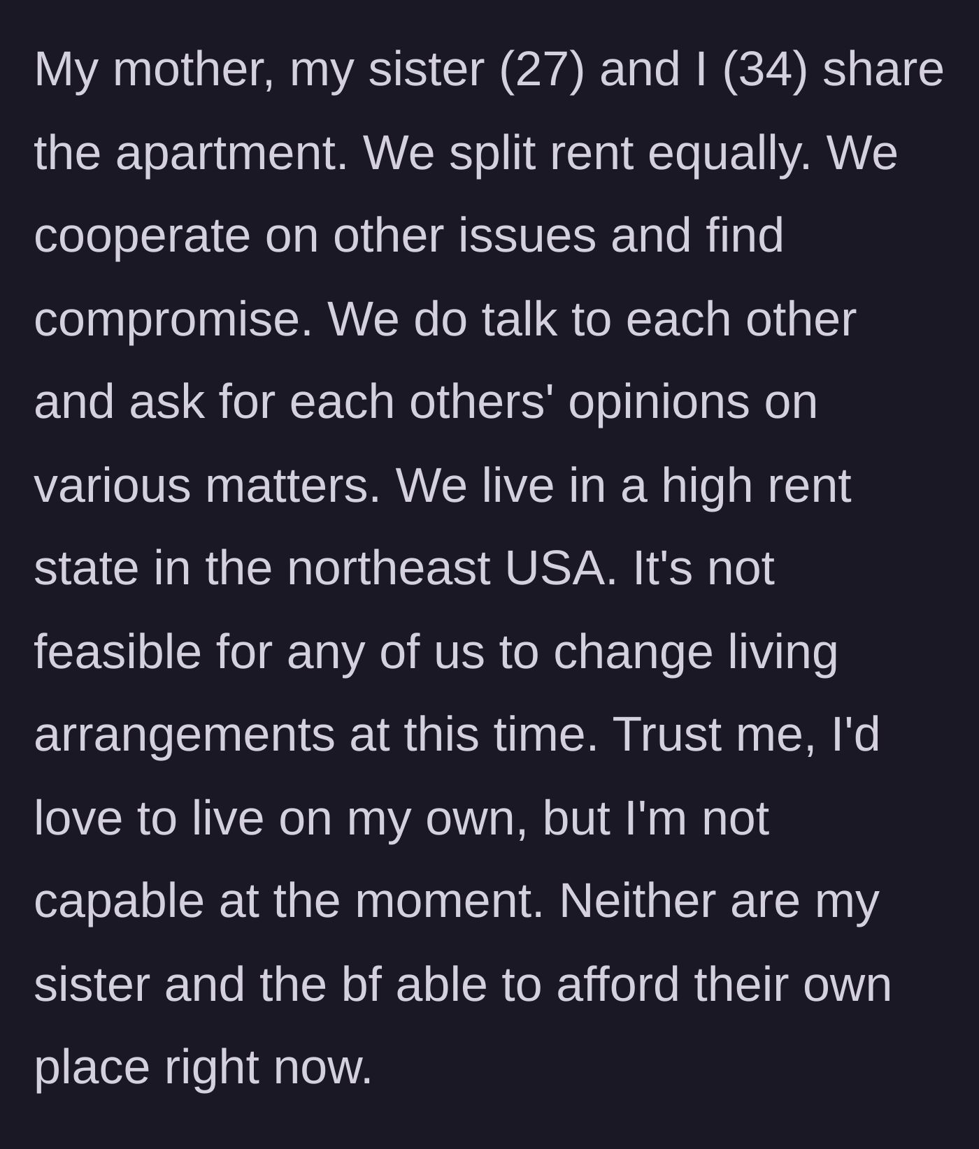 Story part 5 - The financial reality is explained, highlighting that moving out isn't an option for anyone due to high rent.