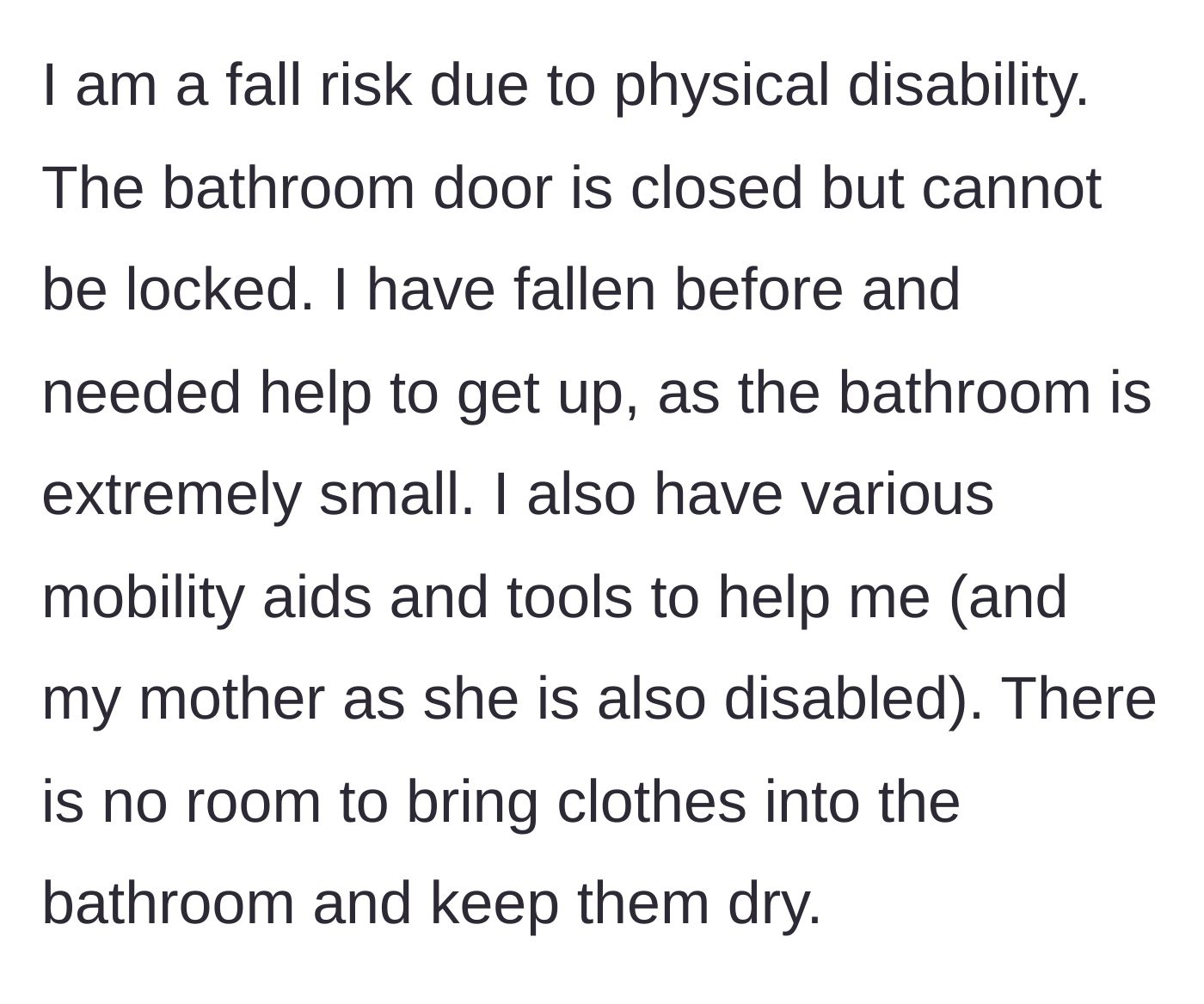 Story part 7 - The author reveals the dangerous reality of their physical disability, including being a fall risk in a bathroom that doesn't lock.