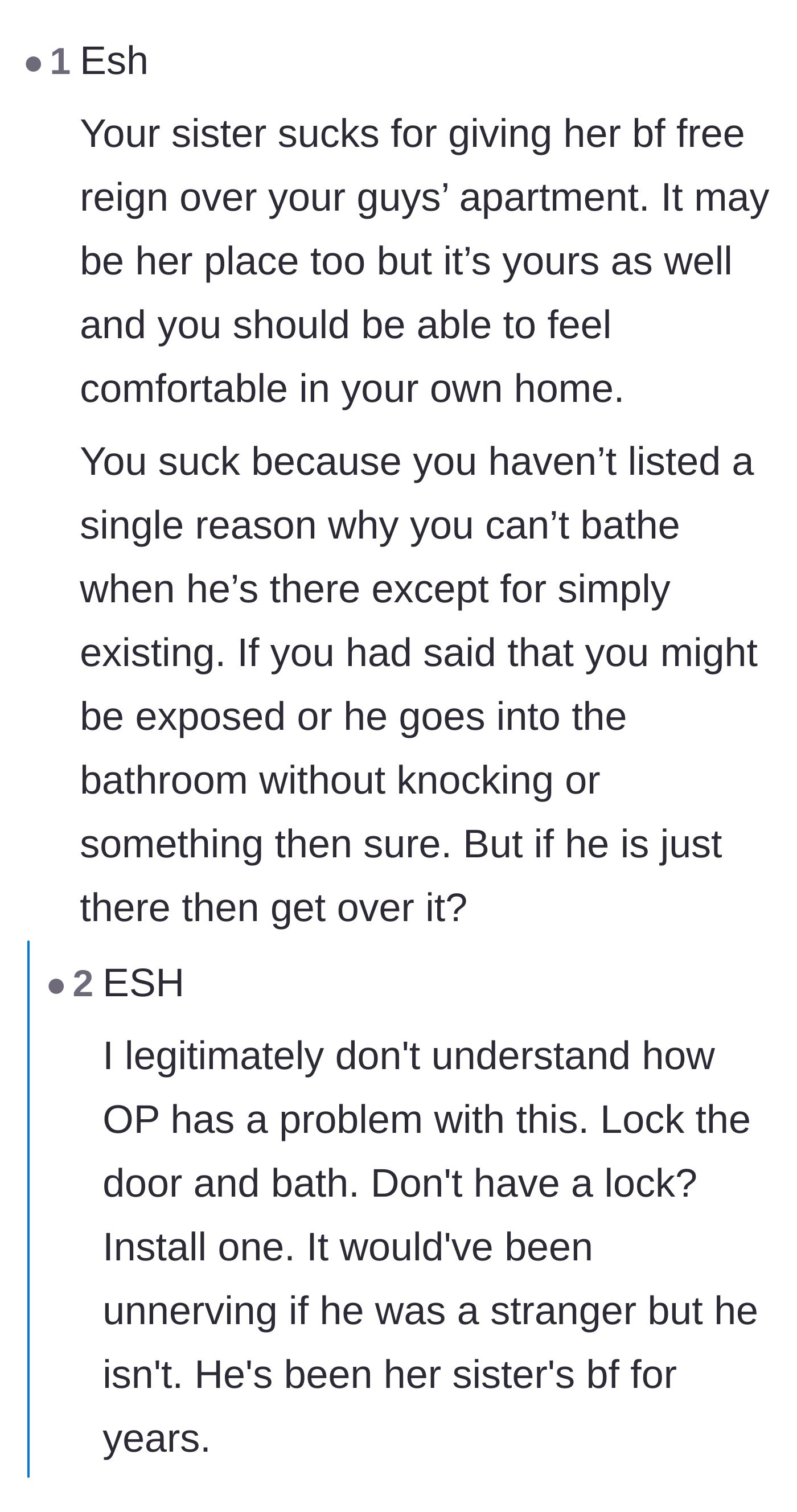 Comment thread 1 - Readers debating whether a fall risk and an unlocked door justify the author's discomfort around the boyfriend.