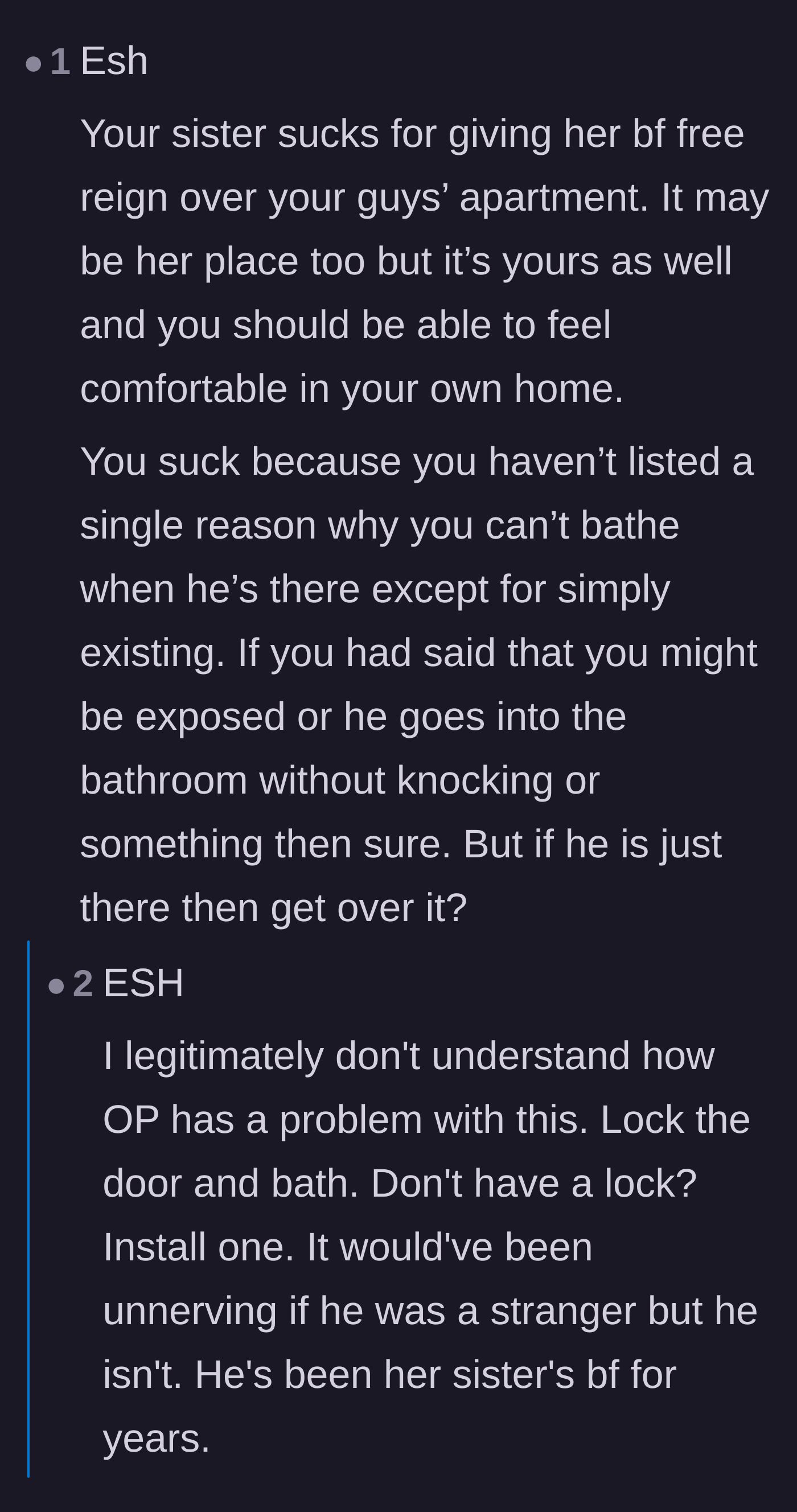 Comment thread 1 - Readers debating whether a fall risk and an unlocked door justify the author's discomfort around the boyfriend.