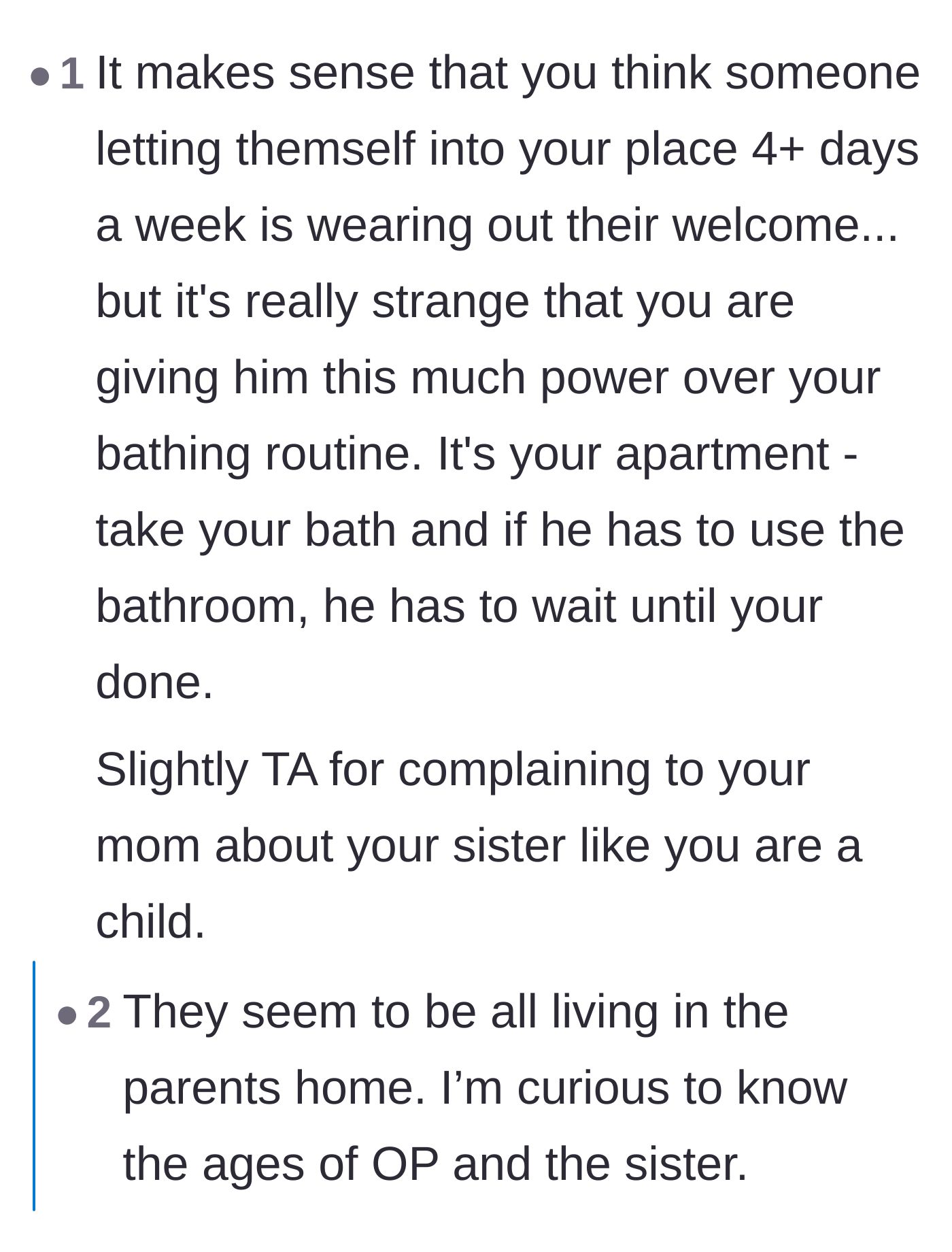 Comment thread 2 - A commenter claiming the author is giving the boyfriend too much power by changing her routine.