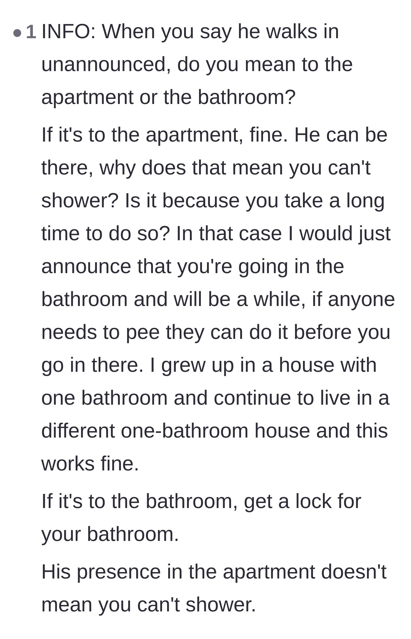 Comment thread 3 - Advice telling the author to simply install a lock or take a shower regardless of his presence.