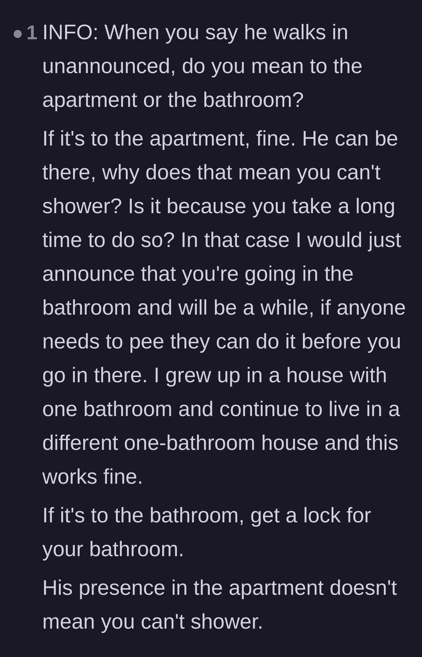 Comment thread 3 - Advice telling the author to simply install a lock or take a shower regardless of his presence.