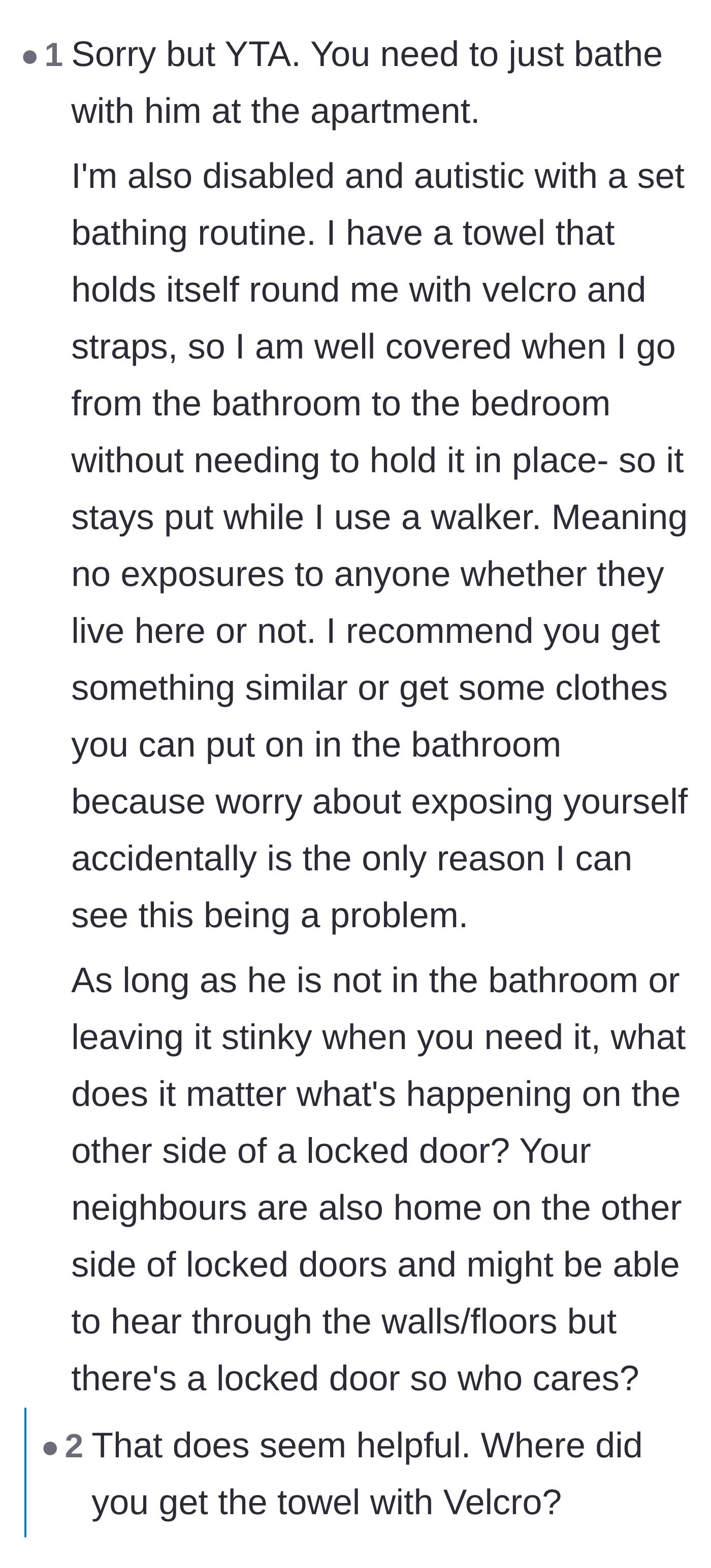Comment thread 4 - A fellow disabled commenter sharing practical accessibility advice like velcro towel wraps and rubber door stoppers.