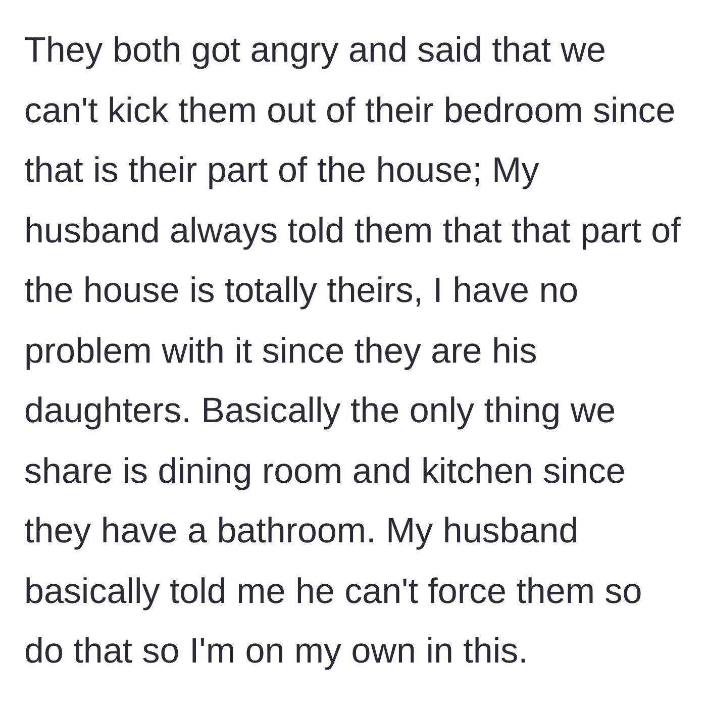 Story part 4 - The teenagers refuse the request, citing ownership of the first floor, and the husband refuses to intervene, abandoning his wife.