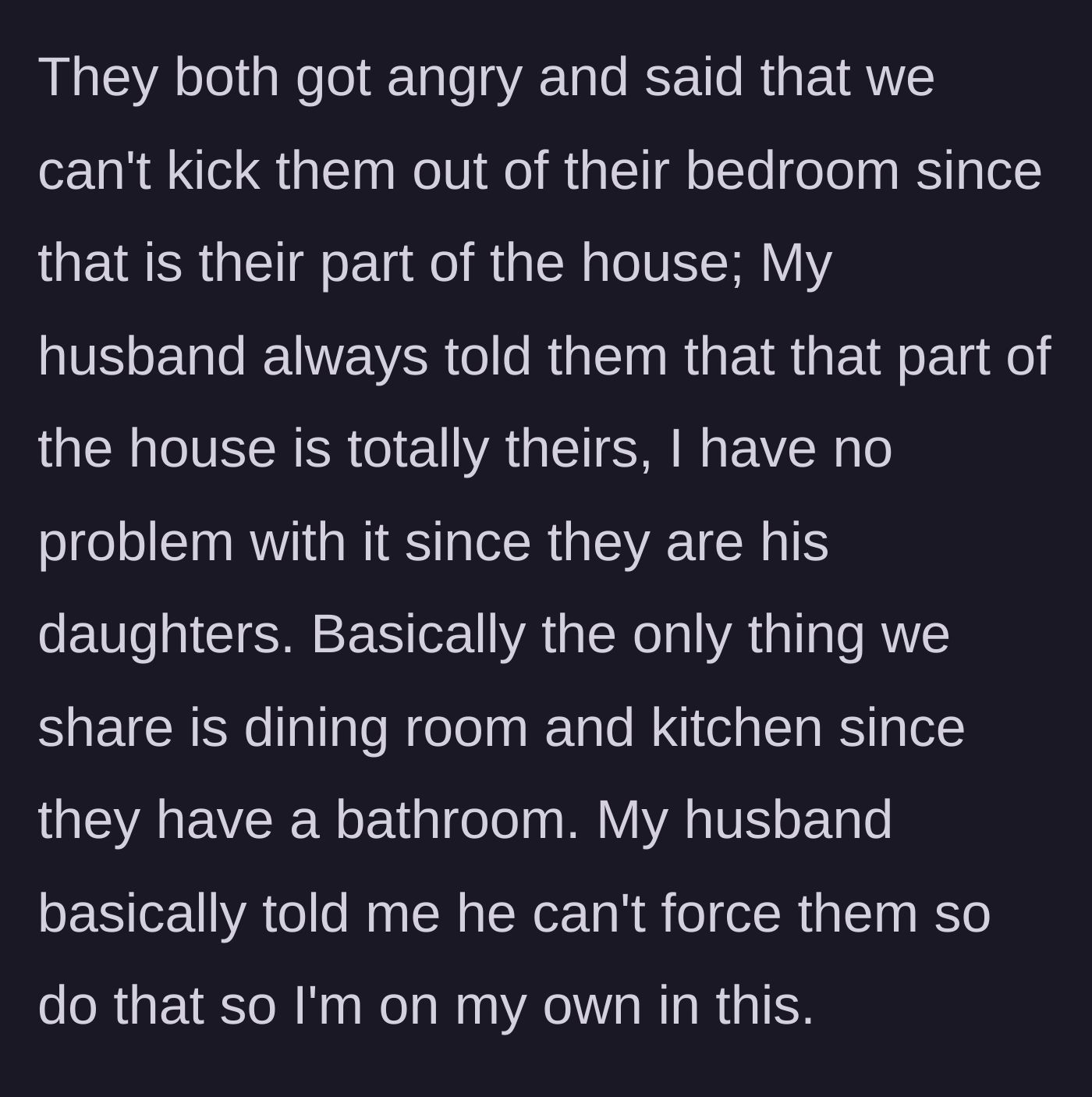 Story part 4 - The teenagers refuse the request, citing ownership of the first floor, and the husband refuses to intervene, abandoning his wife.