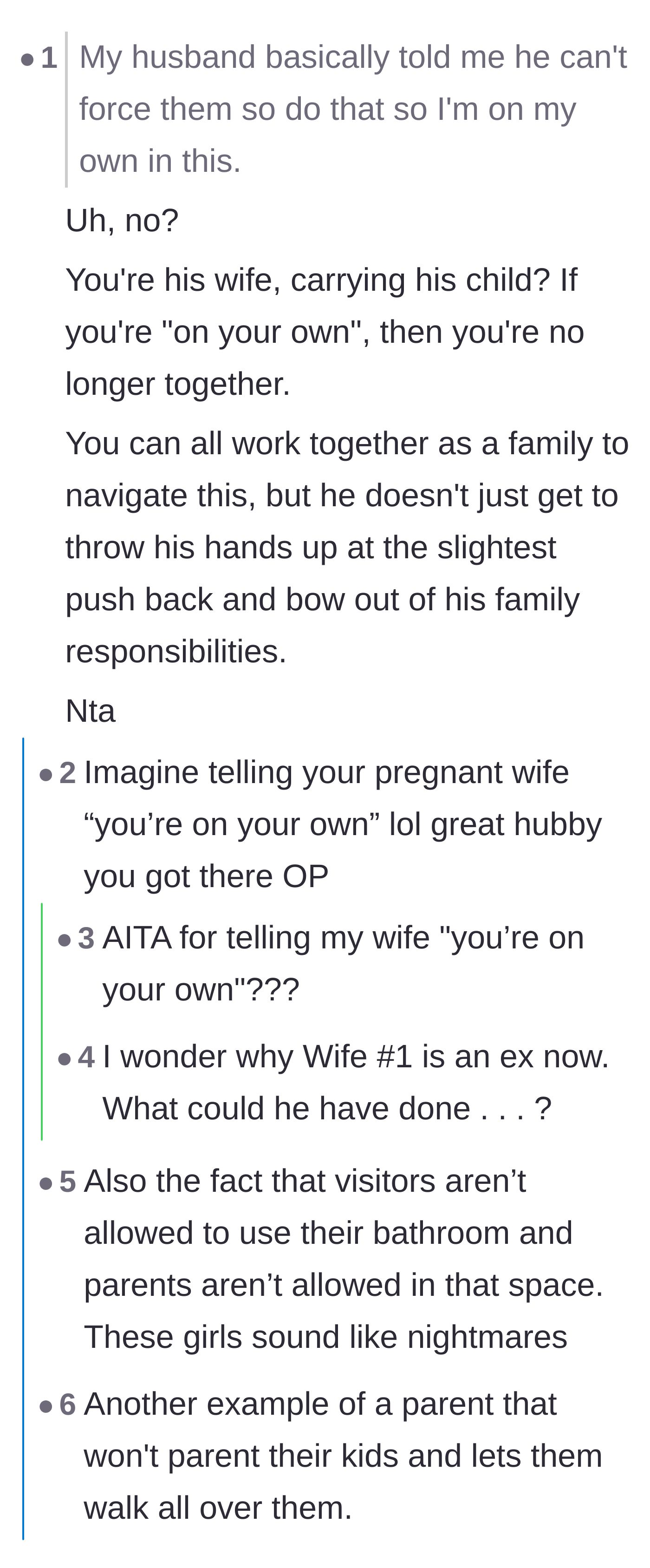 Comment thread 1 - Readers reacting in disbelief to the husband telling his pregnant wife she is on her own.