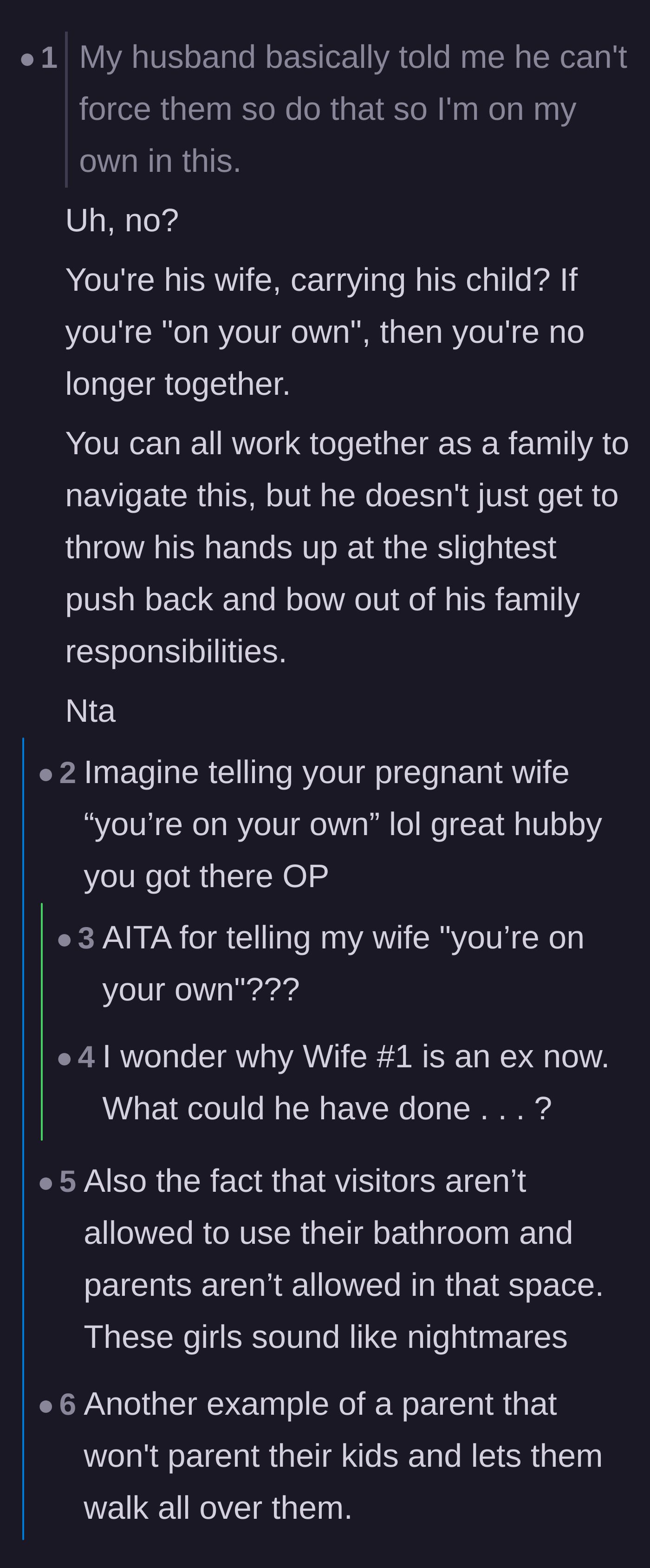 Comment thread 1 - Readers reacting in disbelief to the husband telling his pregnant wife she is on her own.