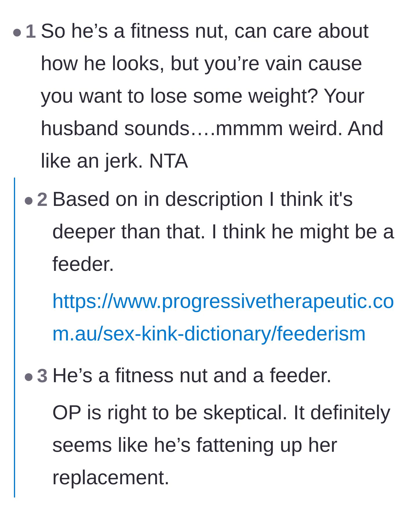 Comment thread 1 - Readers pointing out the husband's hypocrisy regarding fitness and suggesting his baking might be tied to a compulsion.