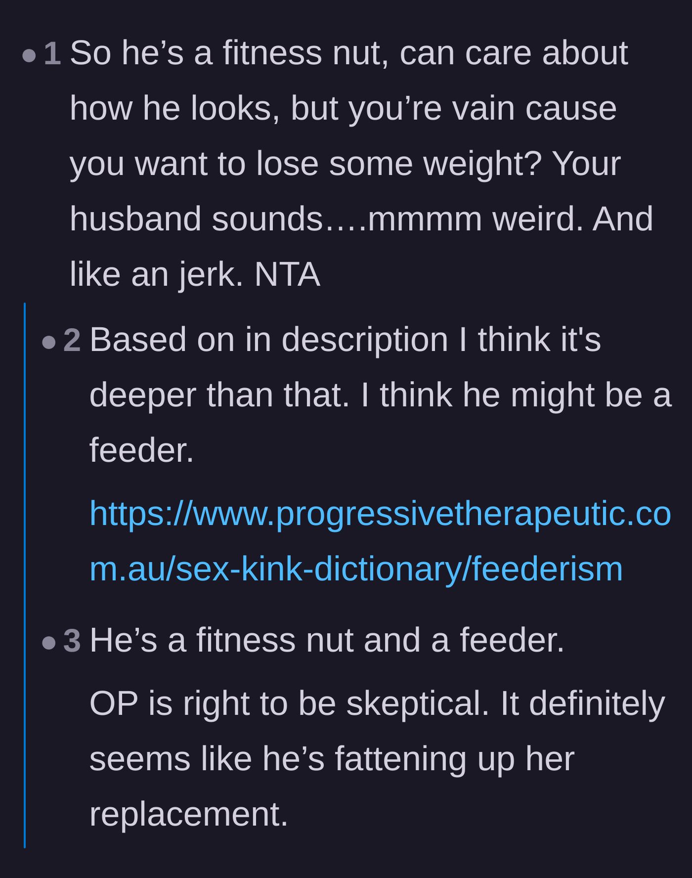 Comment thread 1 - Readers pointing out the husband's hypocrisy regarding fitness and suggesting his baking might be tied to a compulsion.