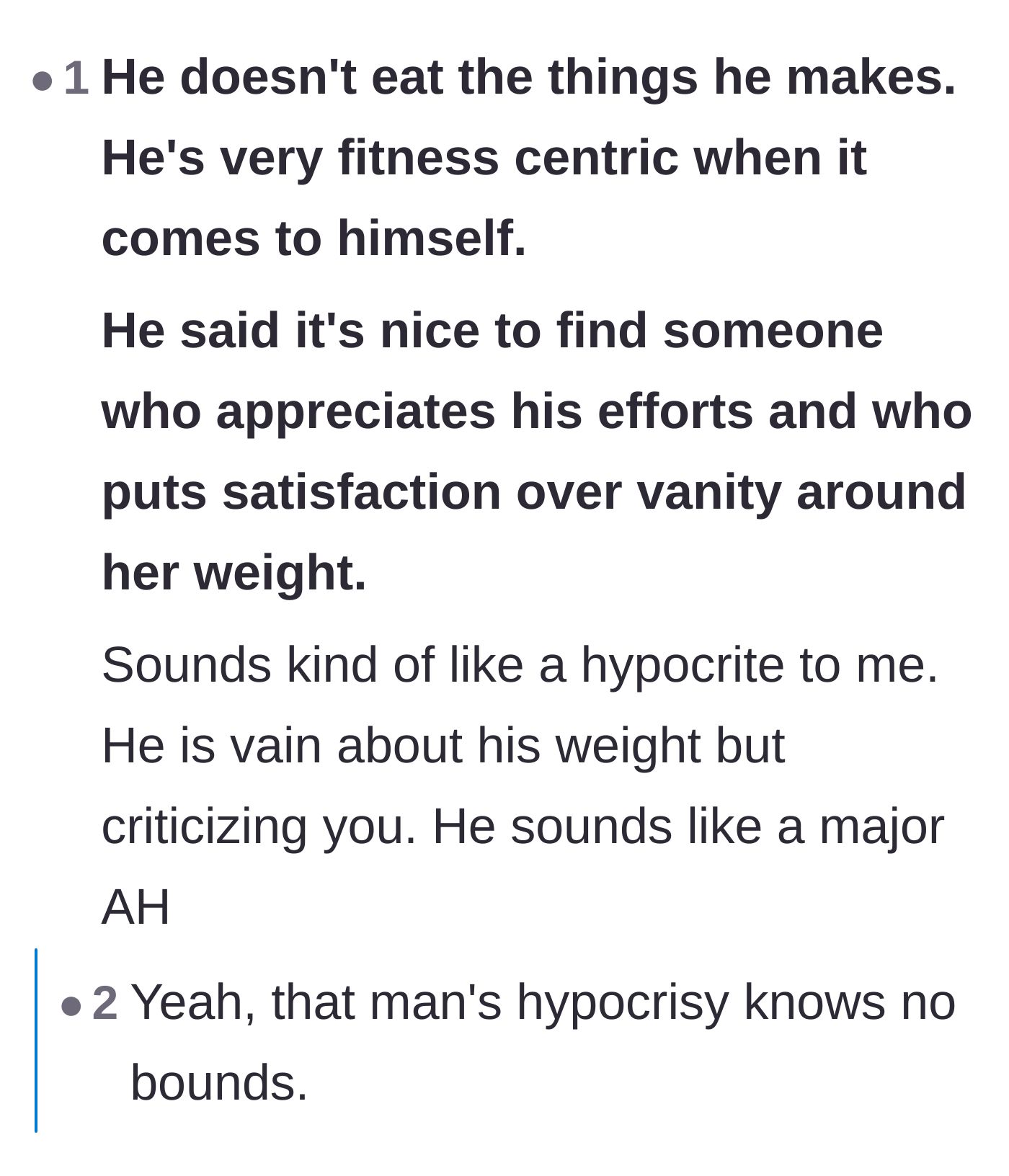 Comment thread 3 - Highlighting the stark hypocrisy of a husband prioritizing his own fitness while calling his wife vain.